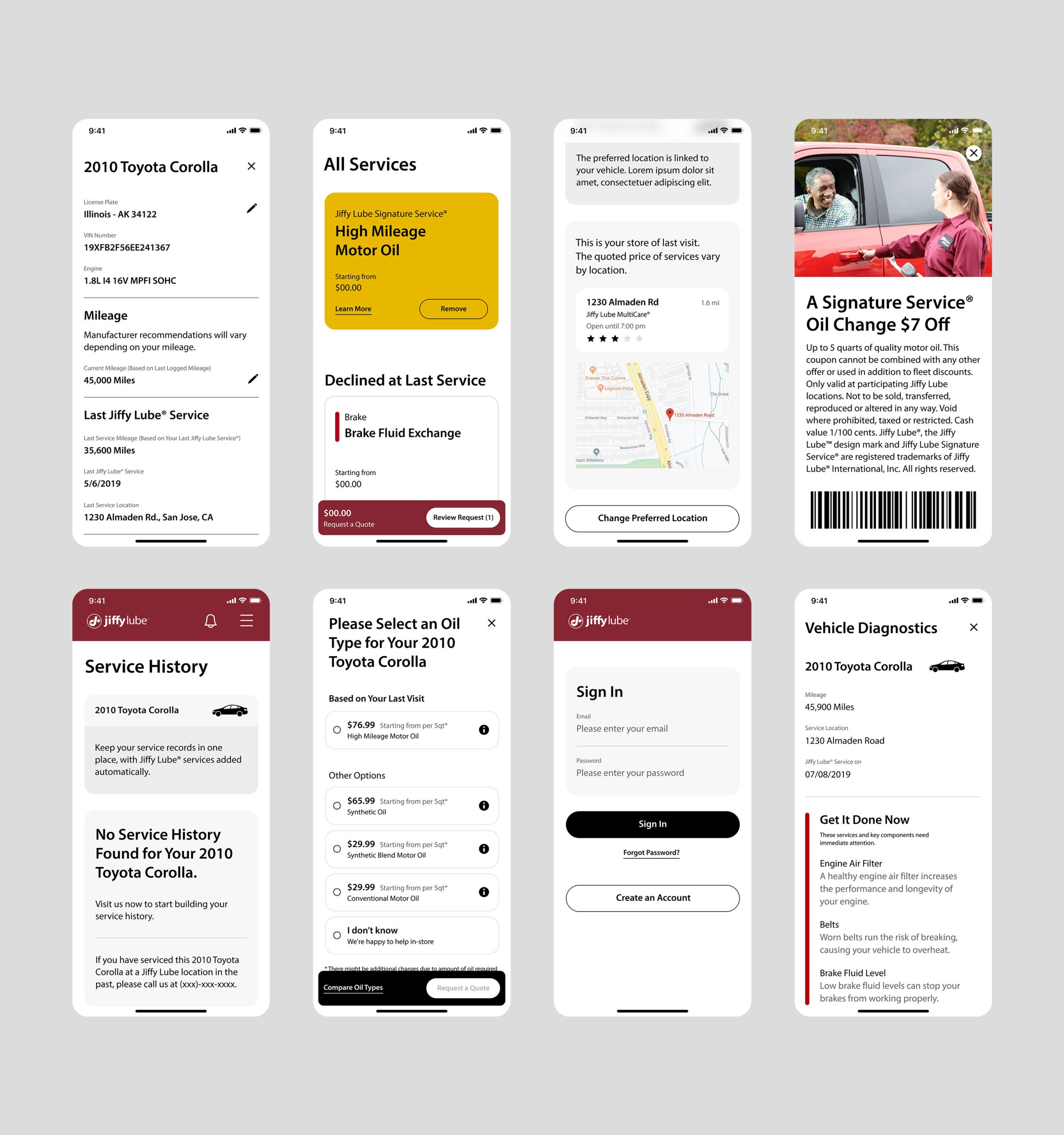 Jiffy Lube website screens for vehicle service estimates and appointment scheduling.