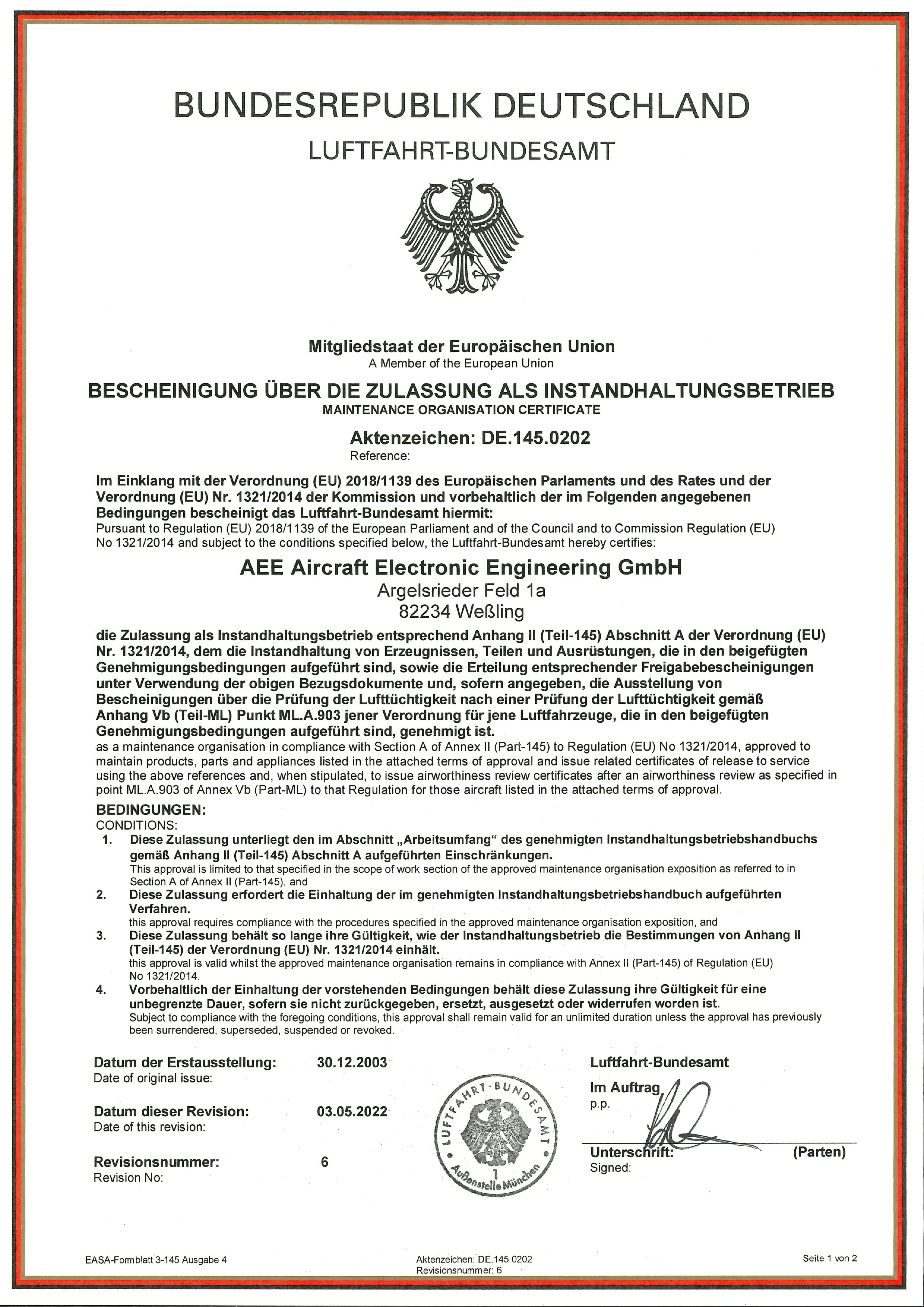 EASA Part 145 certificate, reference number DE.145.0202.