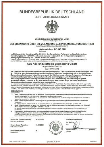 EASA Part 145 certificate, reference number DE.145.0202.