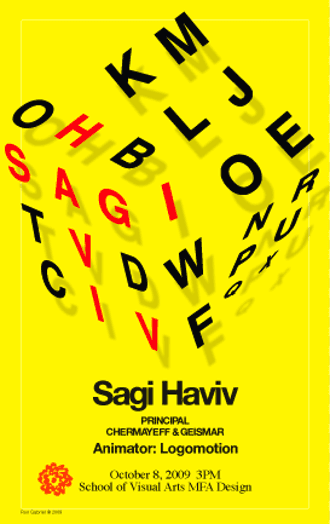 A yellow poster with red and yellow letters placed in the shape of a Rubik's cube.