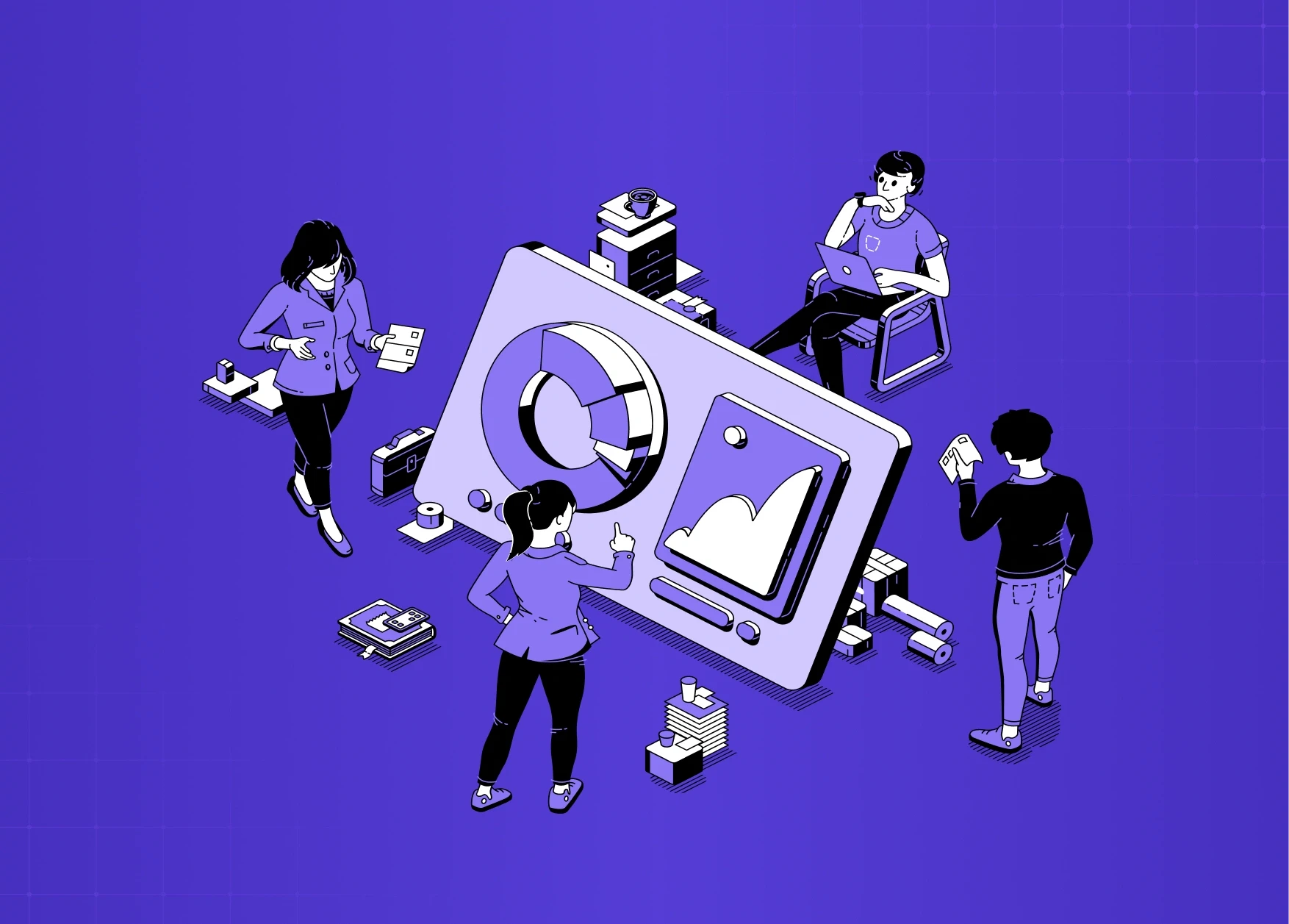 Illustration of a team collaborating around a large analytics dashboard, reviewing charts, data blocks, and interface elements.
