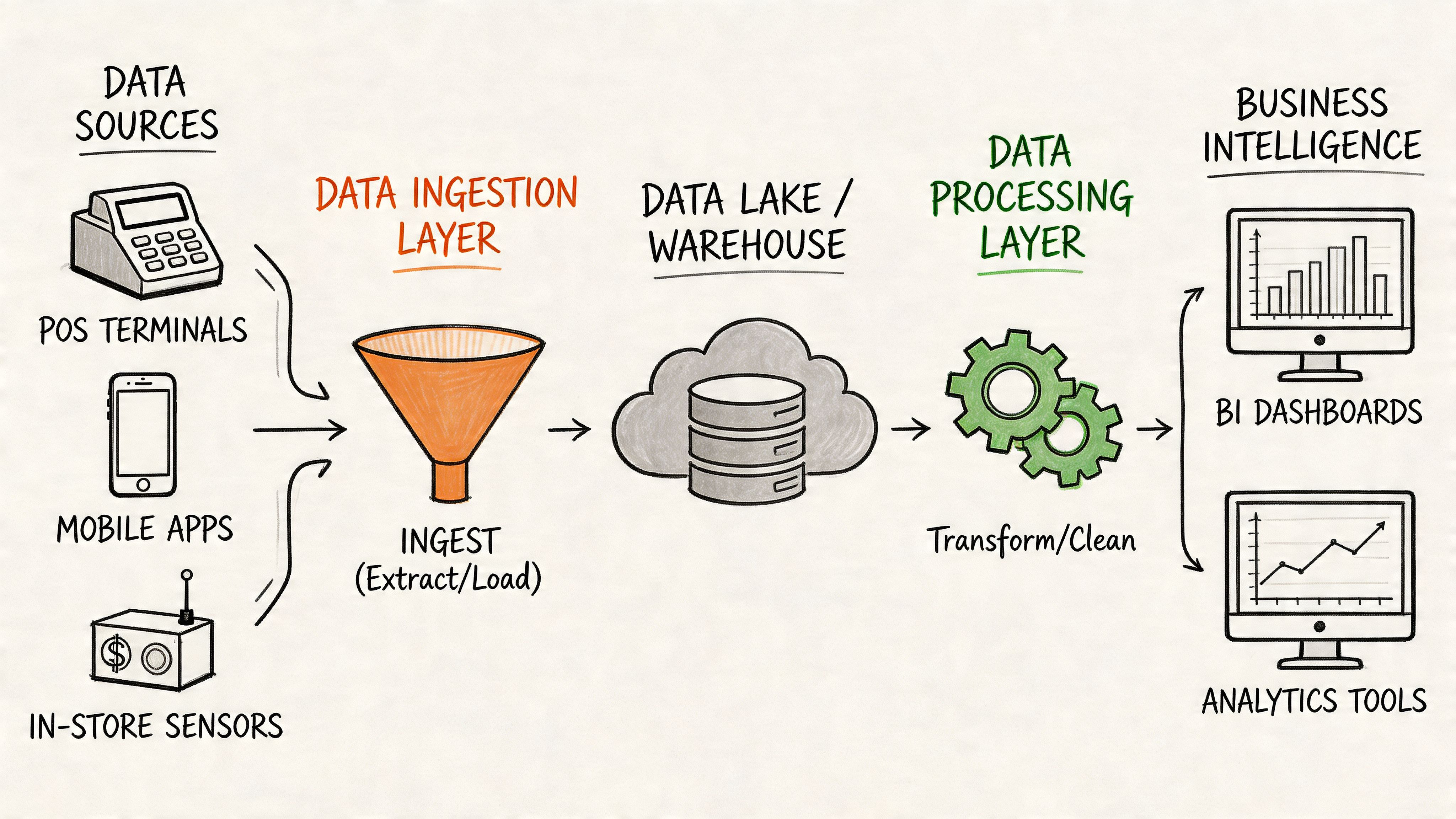 A hand-drawn diagram illustrating a data pipeline from collection sources to business intelligence and analytics tools.