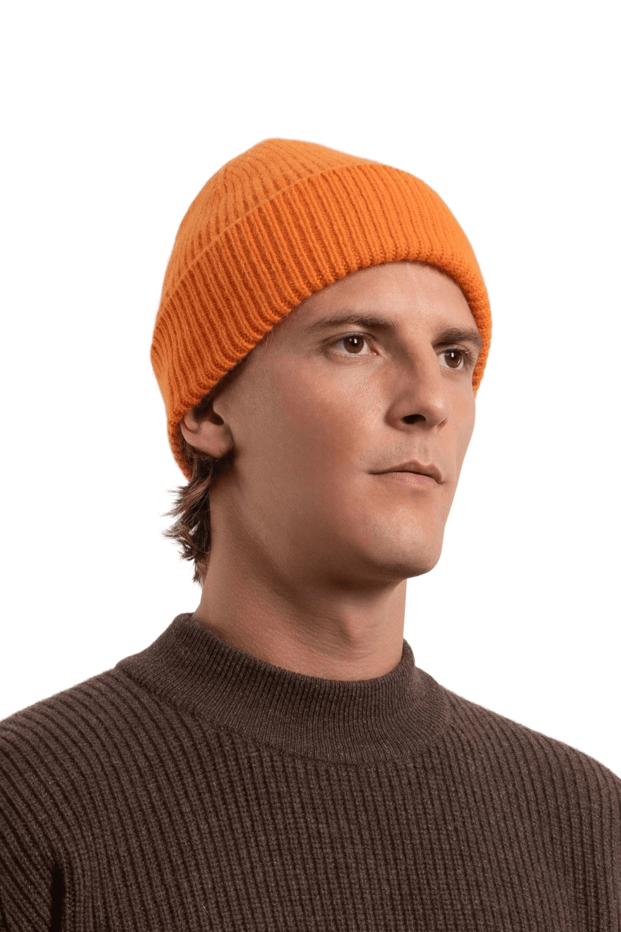 close up face shot of a model wearing an orange beanie