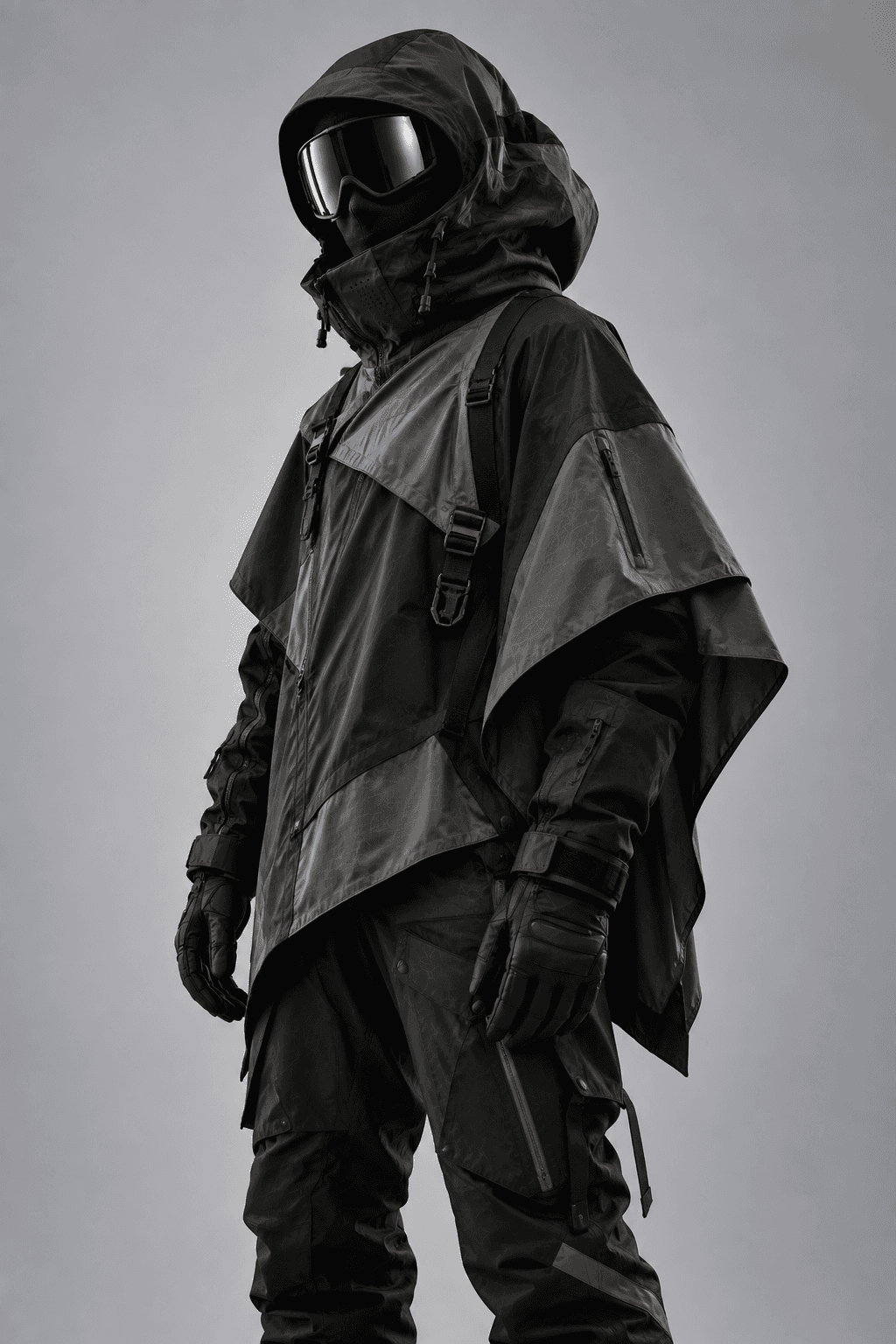 Black hooded shell with an asymmetric cape and diagonal harness