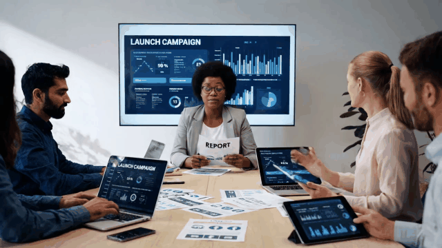 A diverse team of five professionals sits around a modern conference table during a marketing meeting. A large digital screen behind them displays a "Launch Campaign" dashboard with charts, graphs, and key performance indicators. Each team member has a laptop or tablet showing synchronized analytics. At the head of the table, a woman in a light gray blazer holds a report and leads the discussion. Printed charts and documents are spread across the table. The scene reflects a collaborative and data-driven campaign planning session.