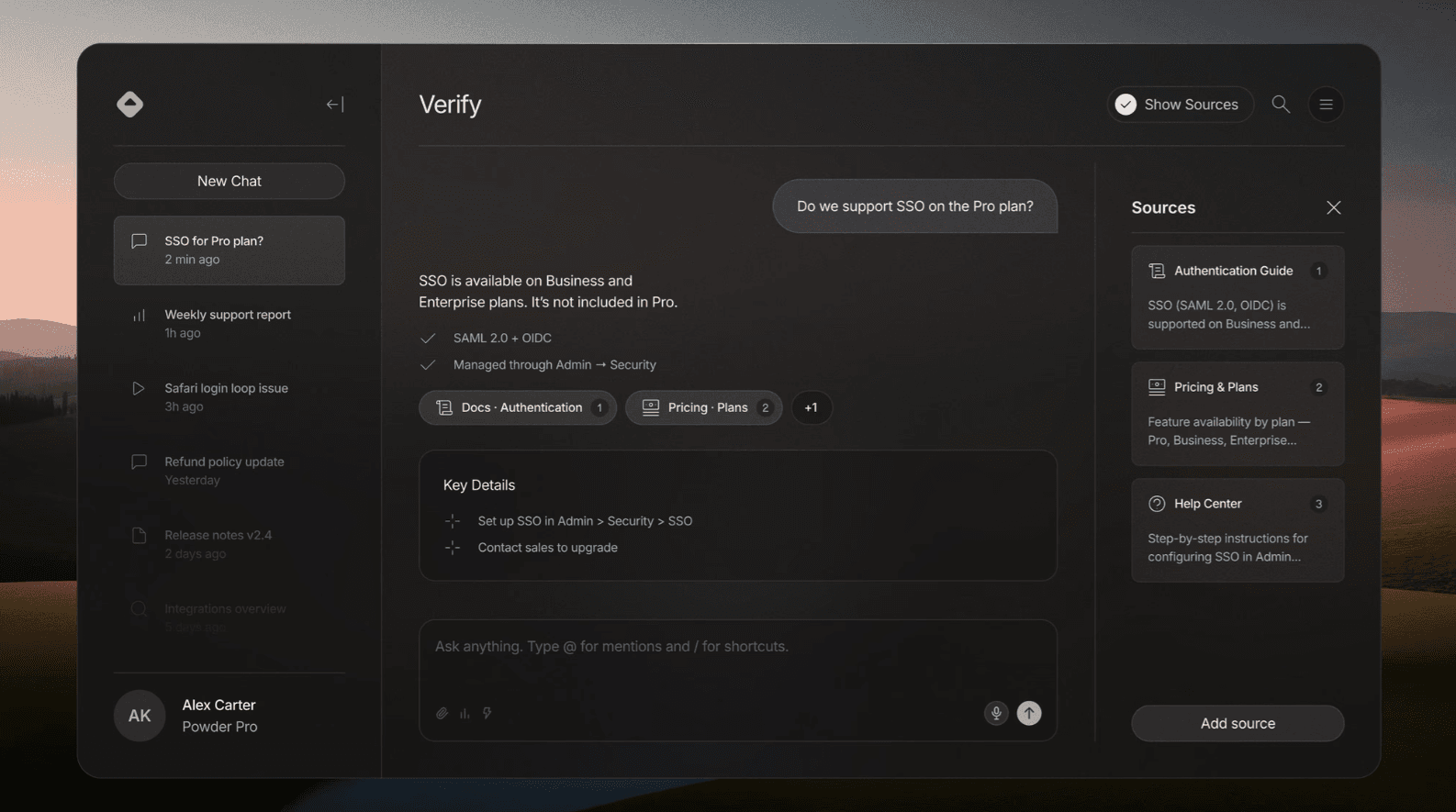 AI response about SSO plan availability with source citations panel showing referenced docs.