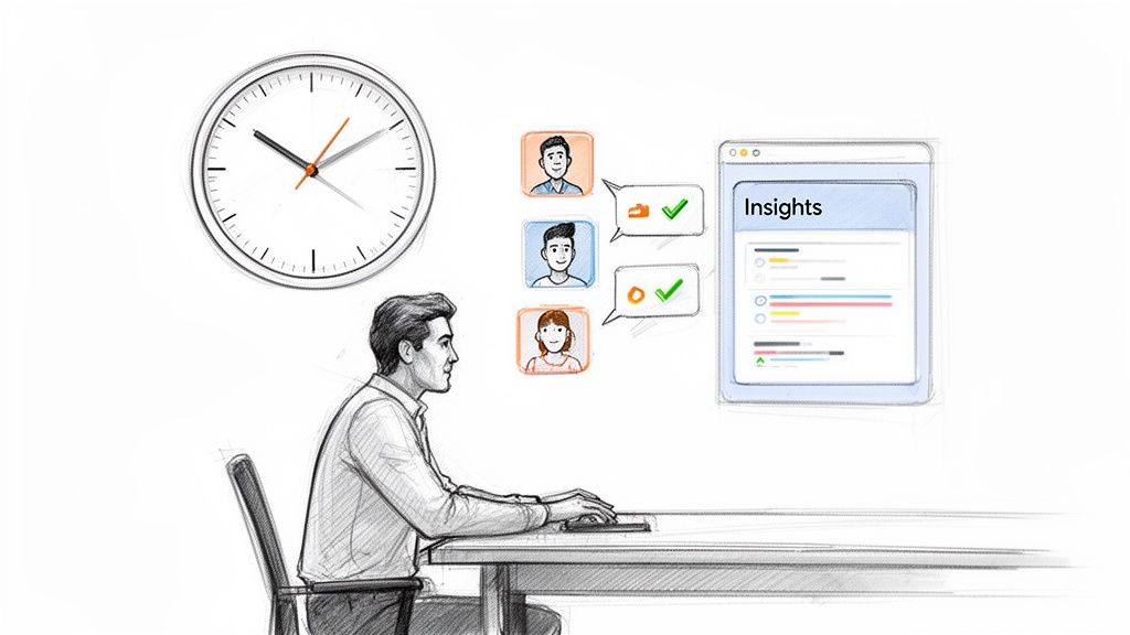 Illustration of a man analyzing a digital 'Insights' dashboard, managing tasks and team collaboration.