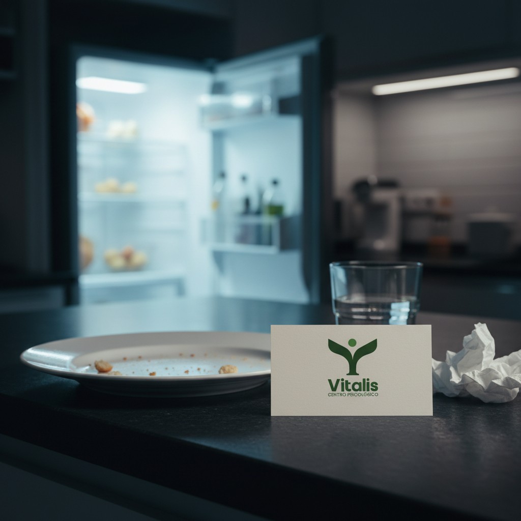 Plato vacío en la cocina de noche y tarjeta de Centro Vitalis.