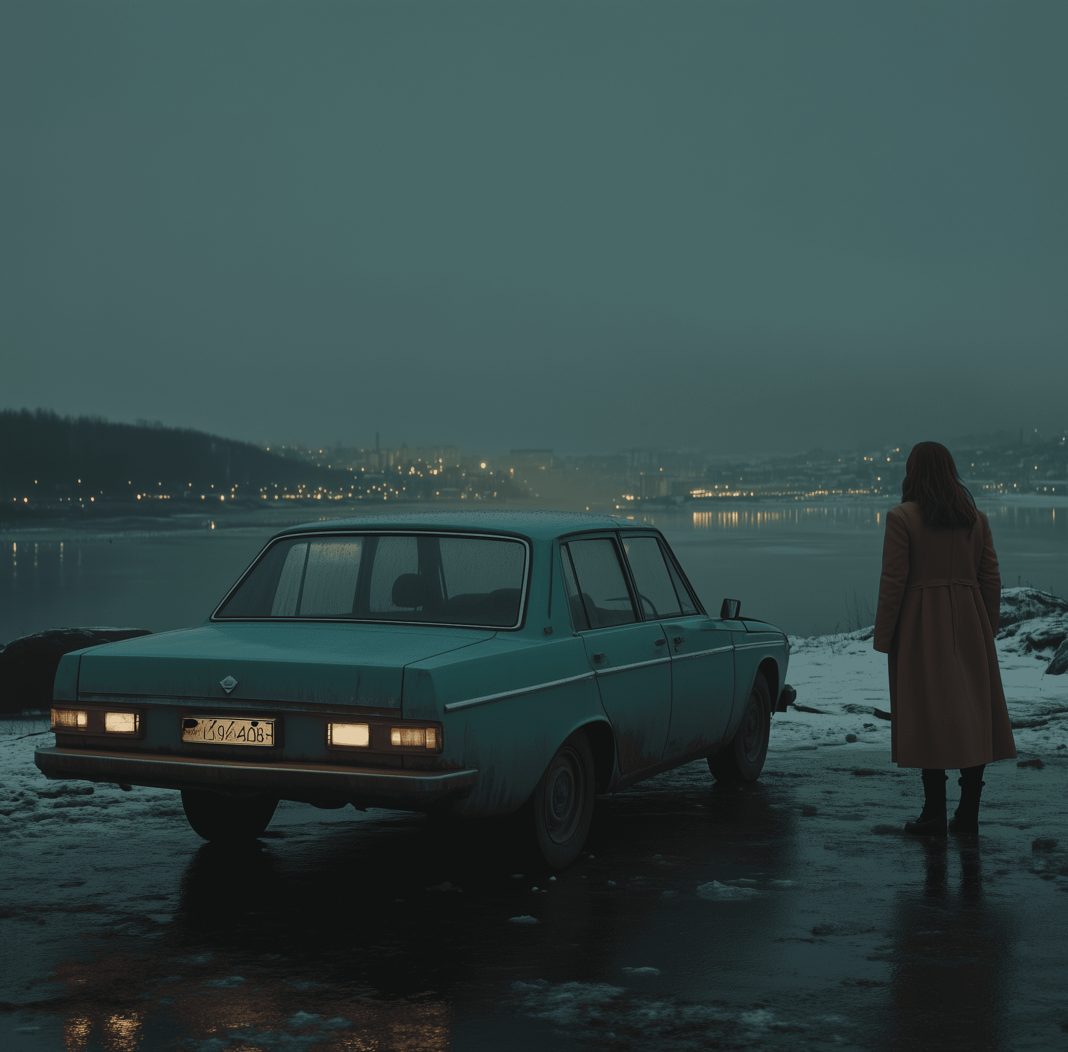 A cinematic still of a woman in a pink coat standing next to a teal Lada car on a frozen lake, with city lights in the distance and an overcast sky, in the style of David Fincher.