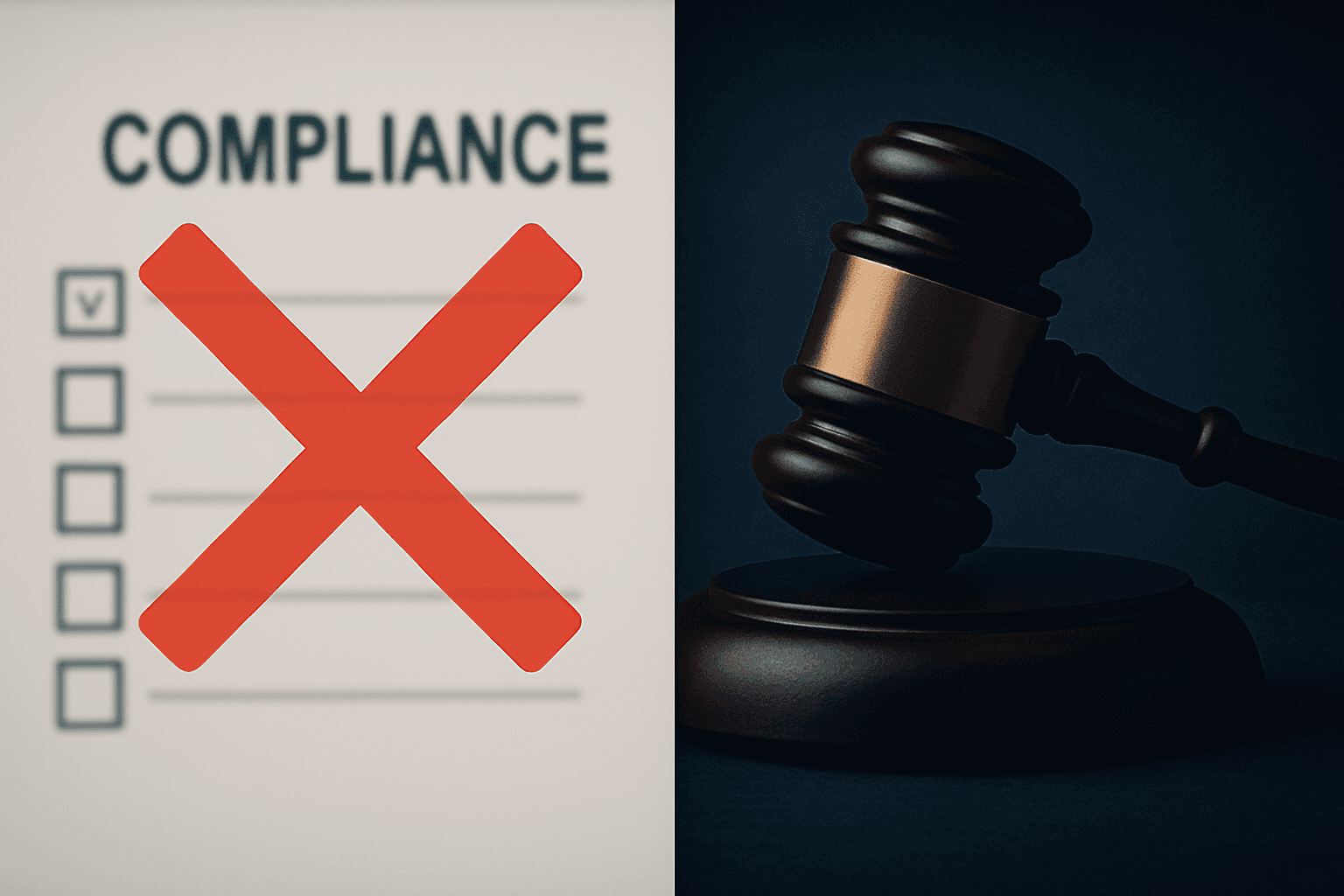 Graphic illustrating the legal consequences of poor compliance featuring a rejected checklist and a gavel representing Department of Justice enforcement