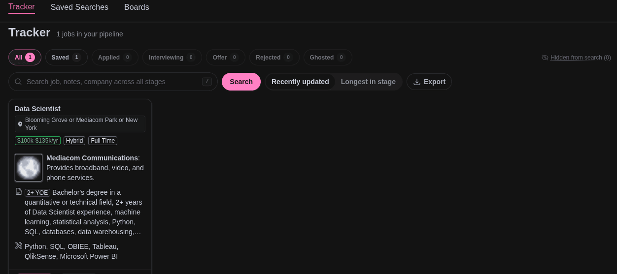 HiringCafe tracker showing the pipeline stages and one saved Mediacom Communications data scientist role