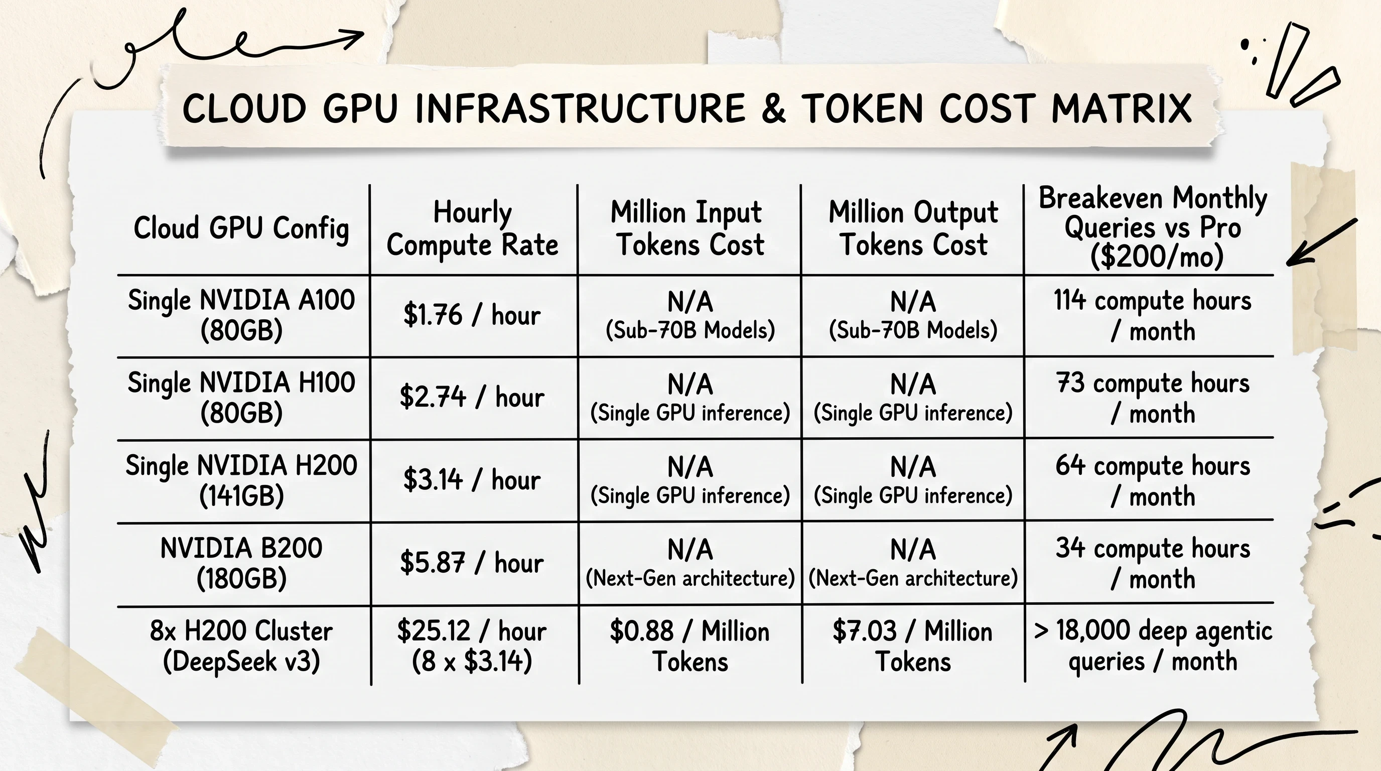 Infrastructure cost matrix comparing cloud GPU hosting rates for DeepSeek v3 with flat ChatGPT Pro subscription pricing