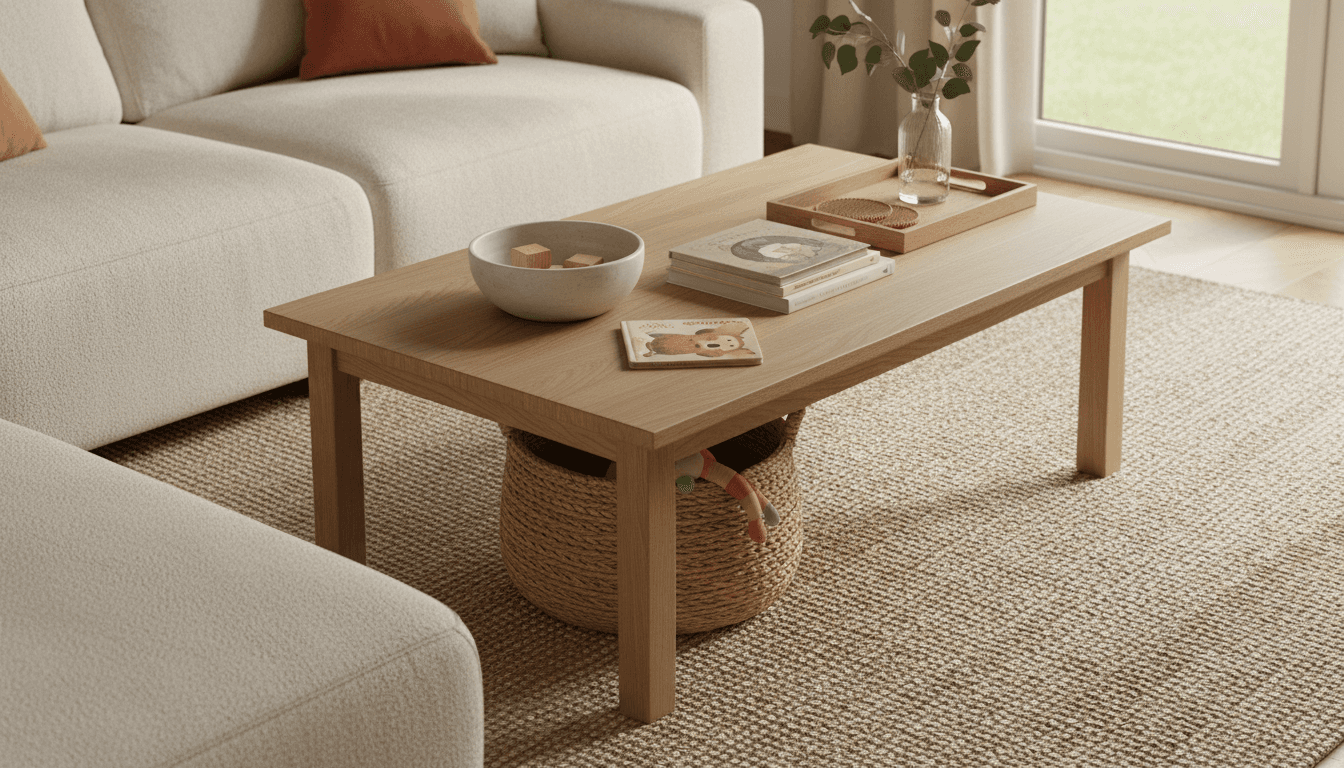 Minimalist living room with natural wood coffee table on a textured jute rug, neutral beige sofa, woven basket of children's toys and stacked books in soft natural light