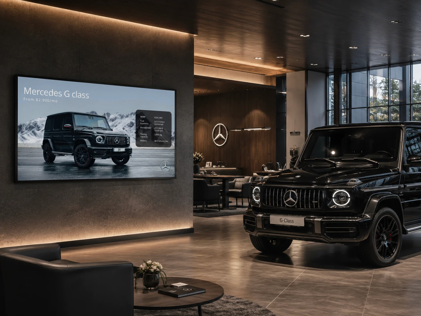 Luxury Mercedes-Benz dealership showroom featuring a Mercedes-Benz G-Class alongside a premium digital signage display showcasing vehicle specifications, financing offers, and promotional content for automotive retail.