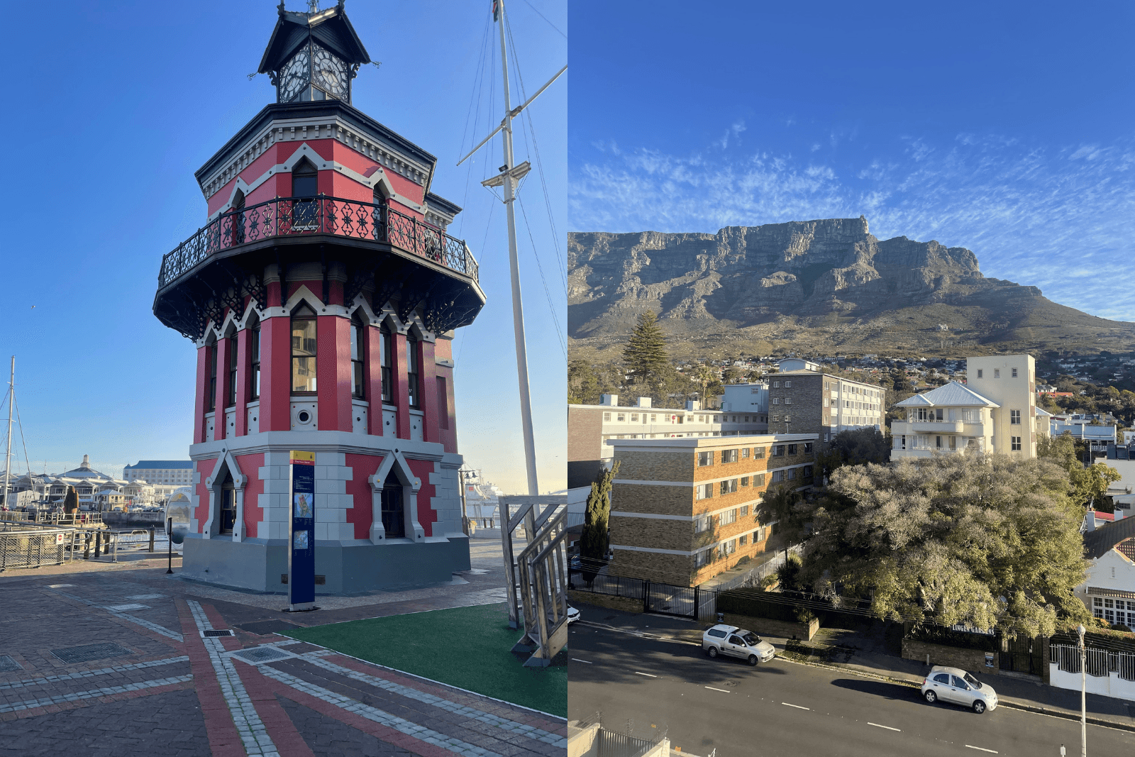 Montage du V&A Waterfront et de Table Mountain sous un ciel bleu à Cape Town.
