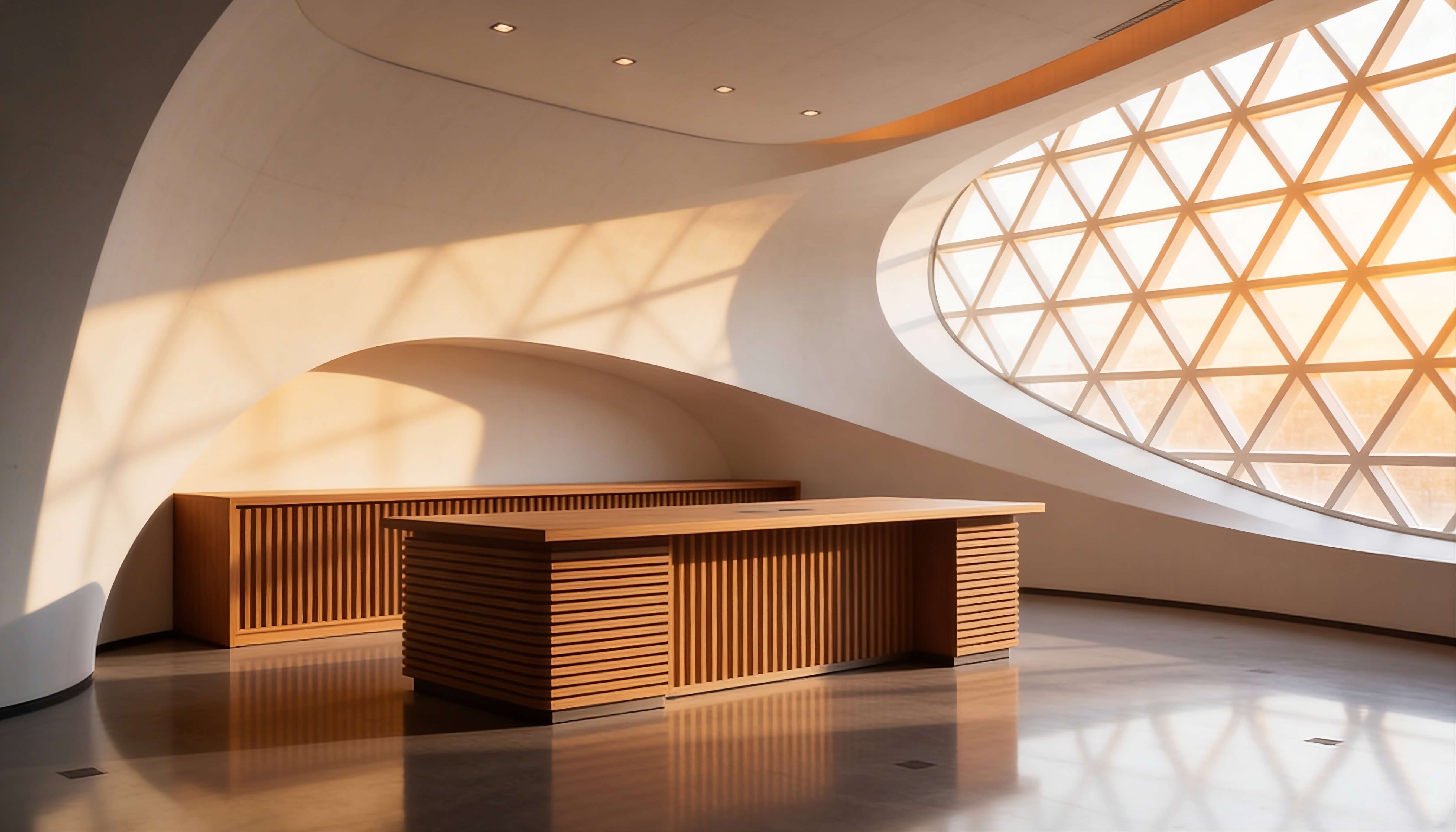 Warm-toned architectural space with layered wooden elements and diffused light