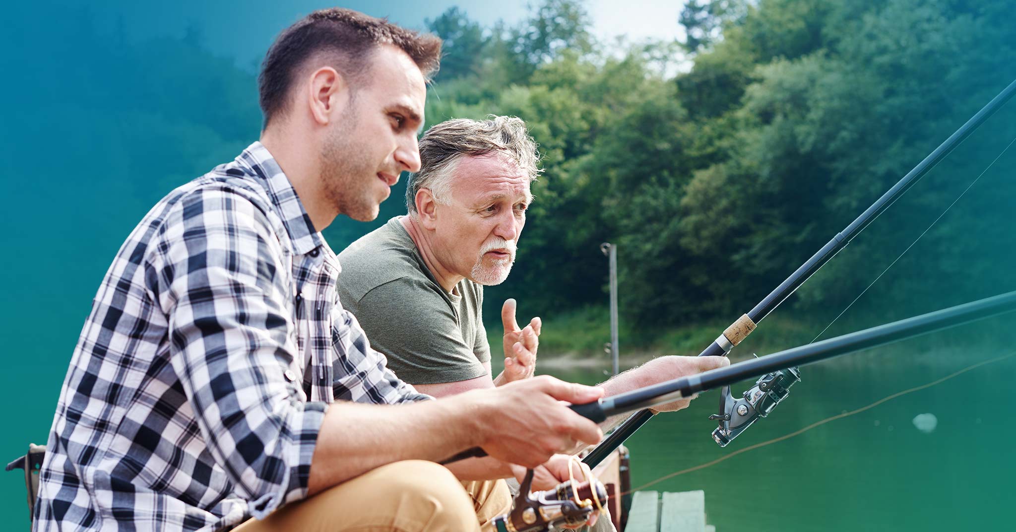 Detail: stylized photo from website, features two men talking while fishing with a subtle green and blue color blur effect.