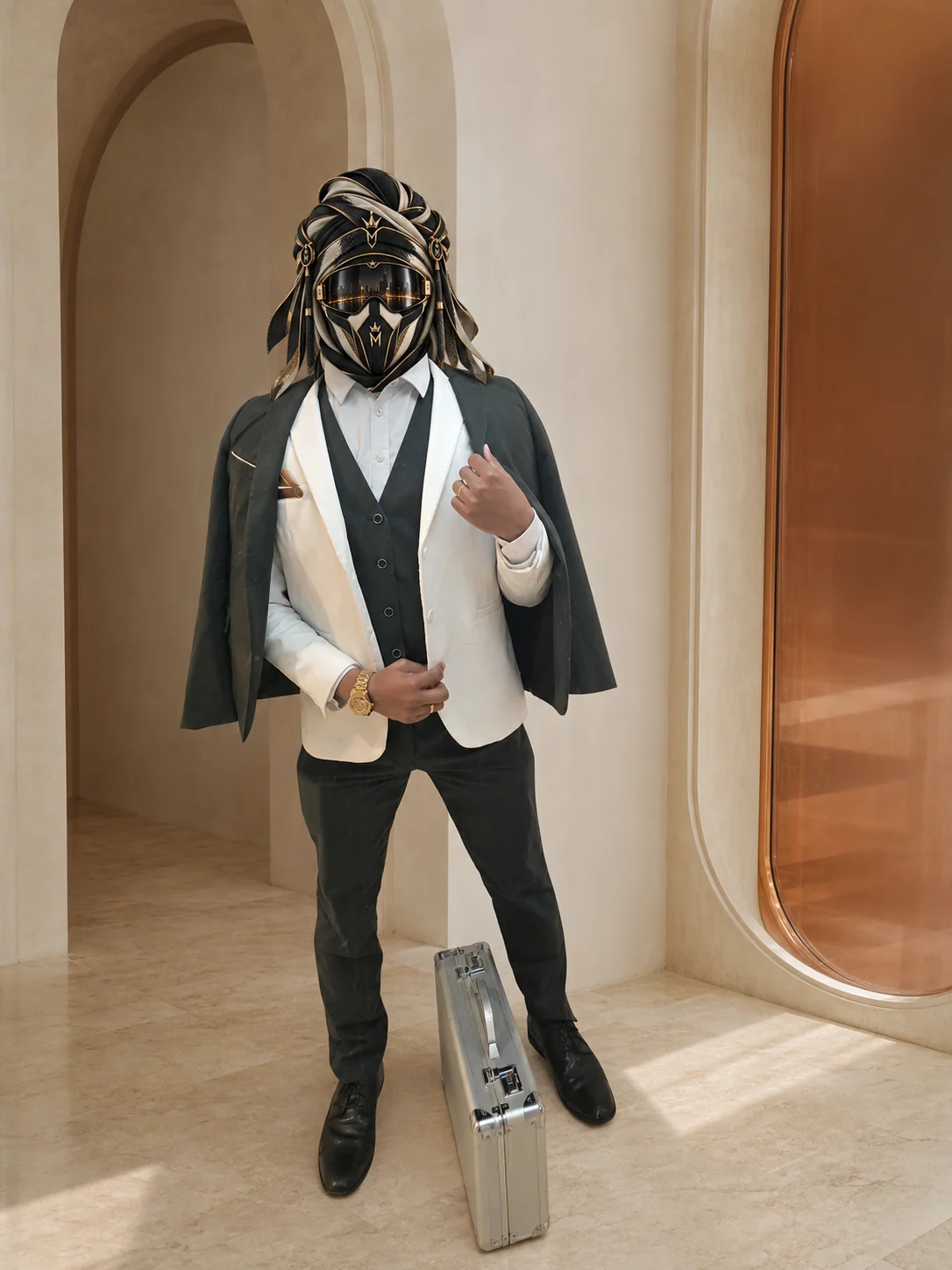 Full-length view of White over Charcoal, a white jacket worn over a charcoal waistcoat and black trousers, with the official Marzelest face covering.