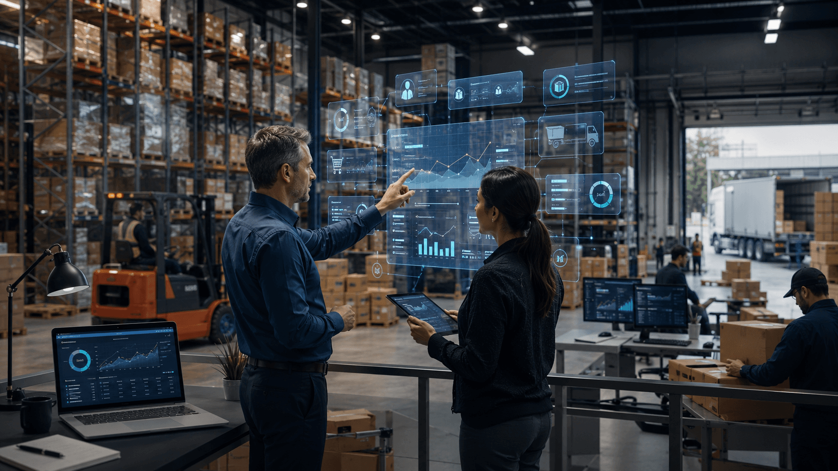 Imagem em estilo 3D realista de um centro de distribuição moderno, com gestores analisando painéis digitais de vendas, estoque e logística enquanto a equipe trabalha no armazém, representando como o ecommerce B2B ajuda atacadistas a proteger margens, produtividade e relacionamento com clientes.