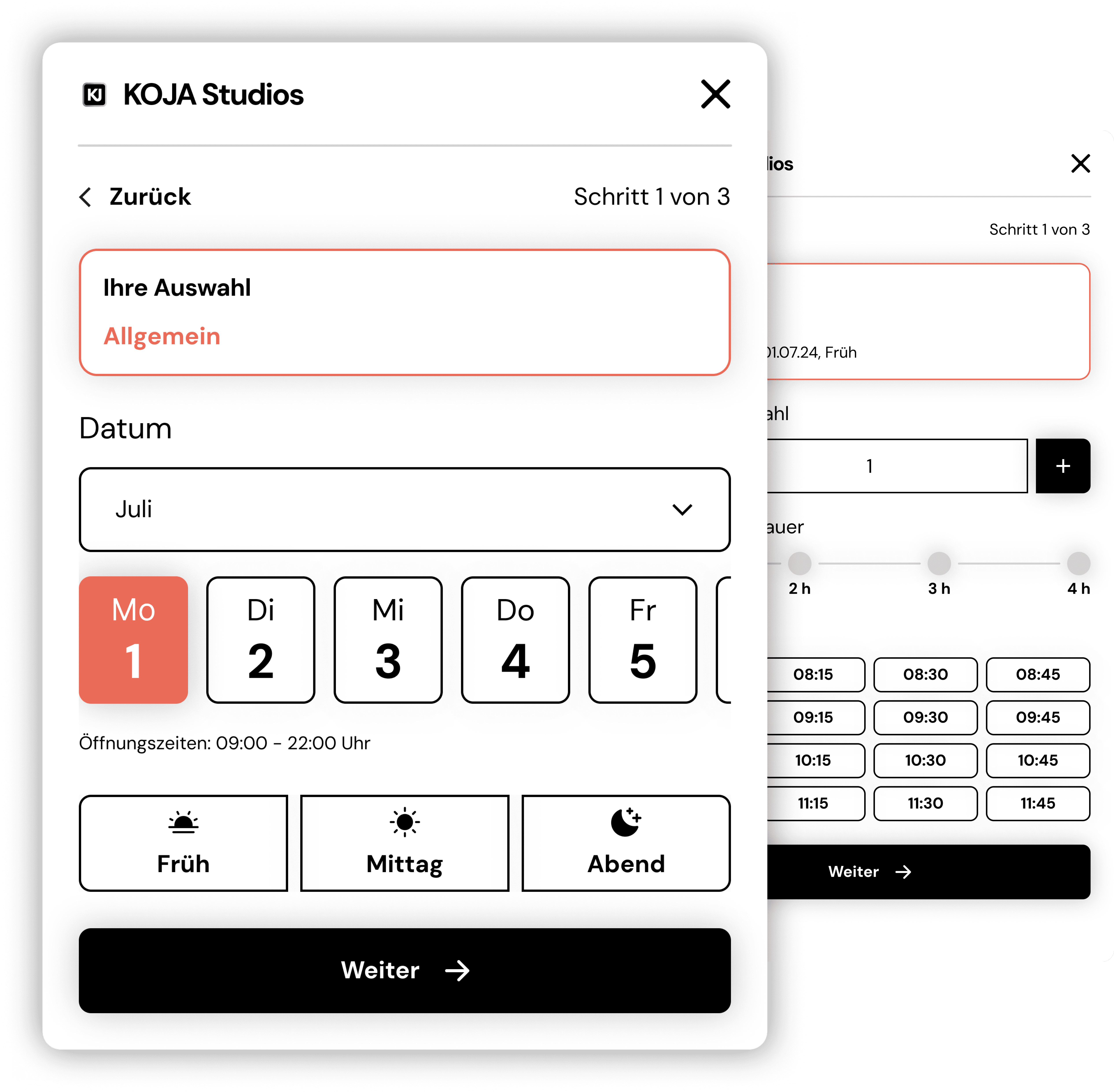 Wireframes des Reservierungstools