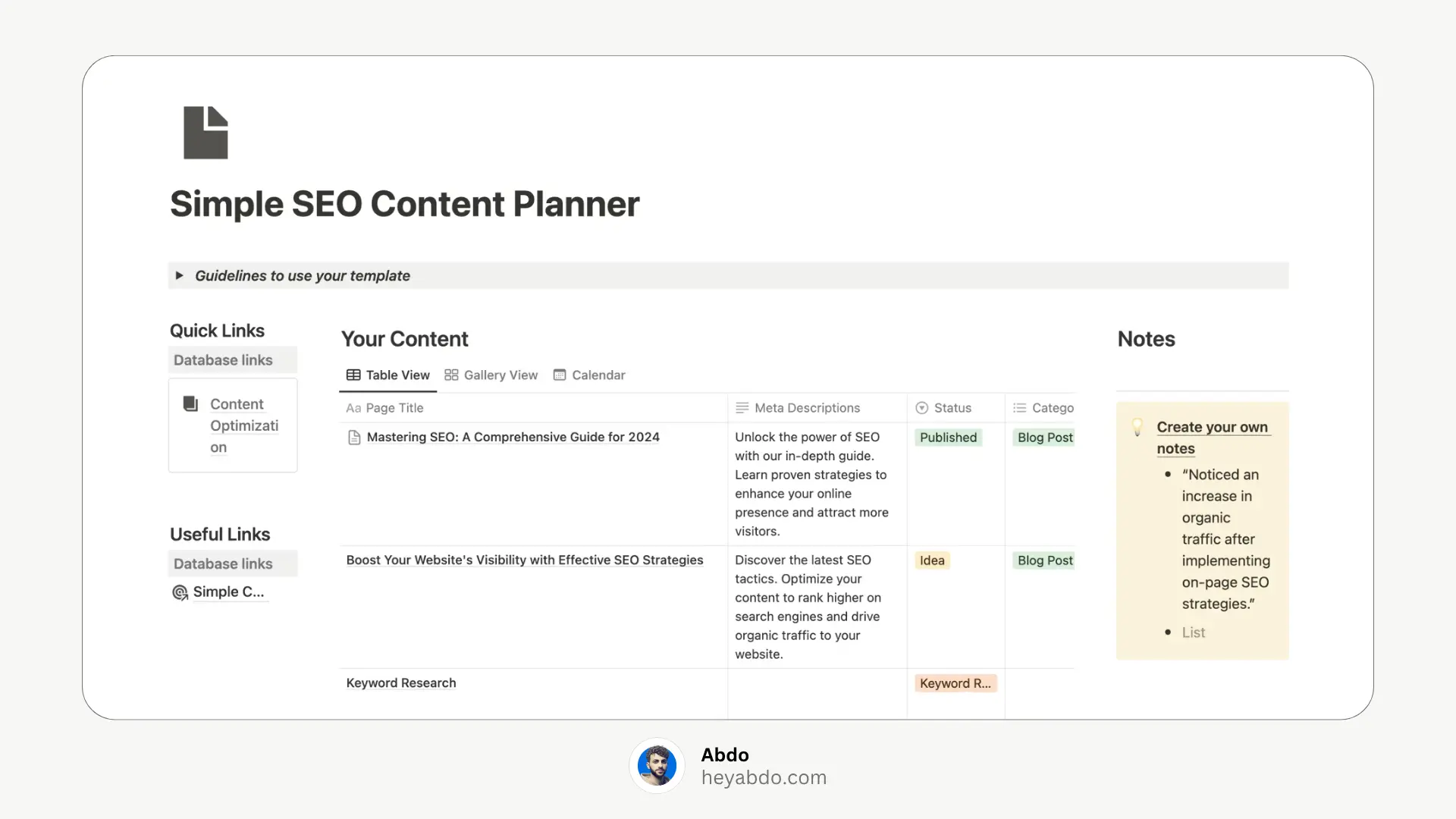 Simple SEO notion Content Planner