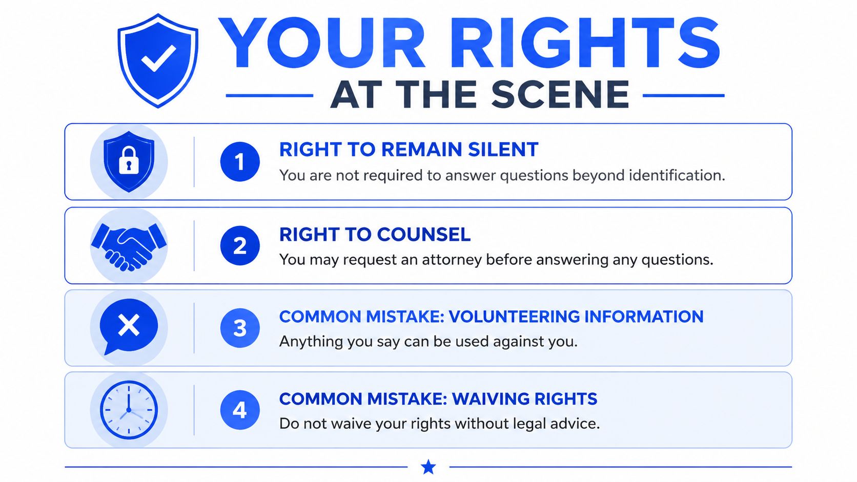 An infographic titled Your Rights at the Scene, detailing legal rights during police interactions.