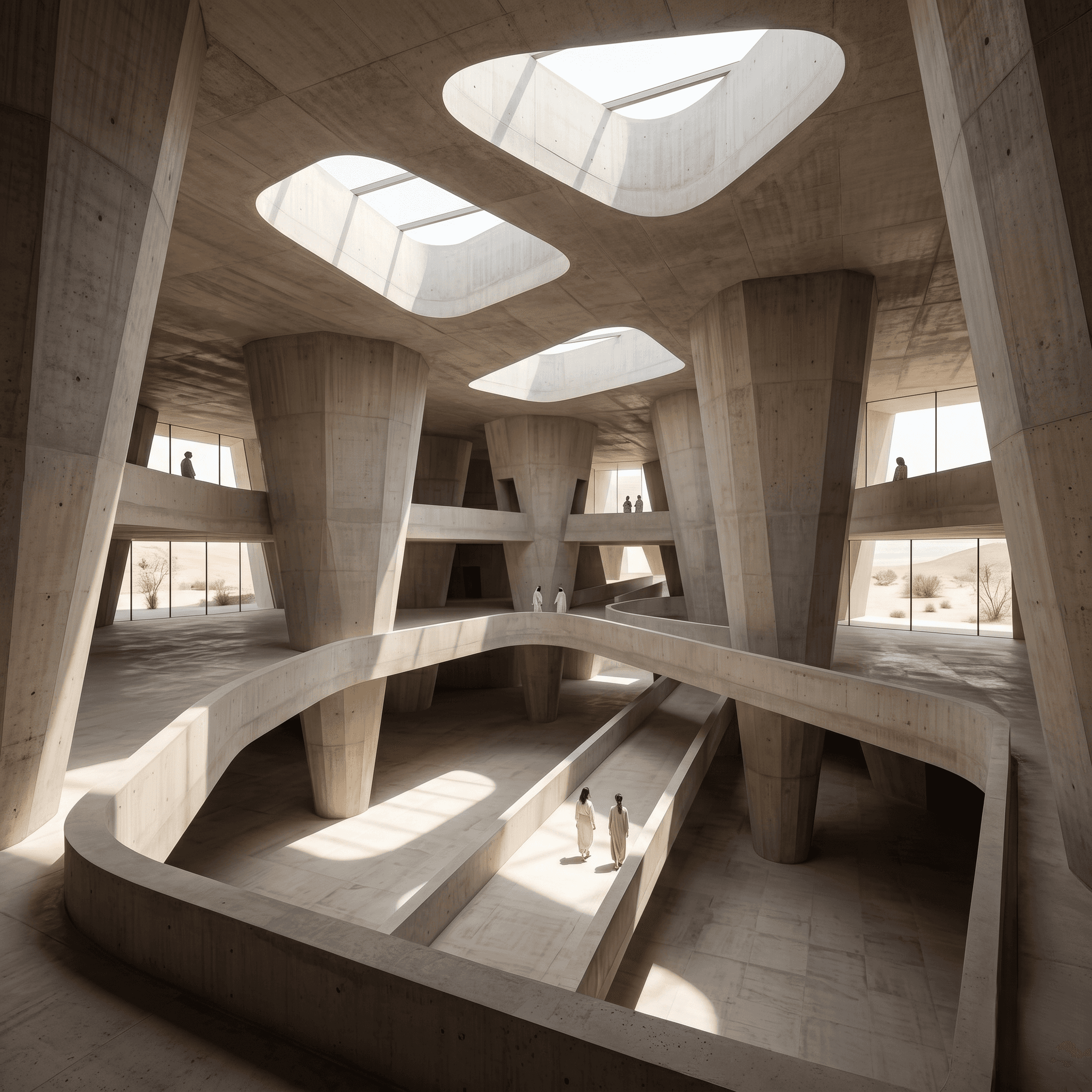 an modern open structure with people roaming in middle
