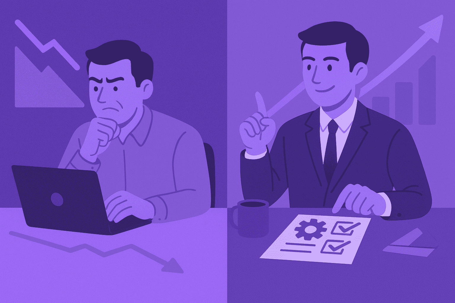 A flat-style digital illustration contrasting two workers: one pretending to be productive with a downward graph, and another making smart decisions with an upward graph, symbolizing the difference between fake and real productivity.