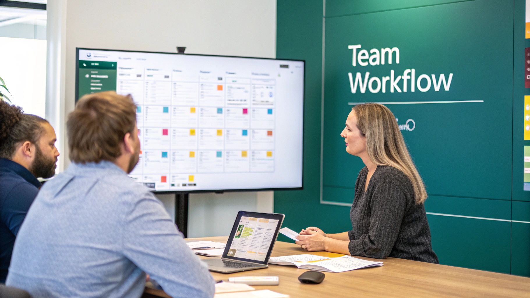 Professionals collaborate in a meeting room with a large screen displaying a team workflow board.