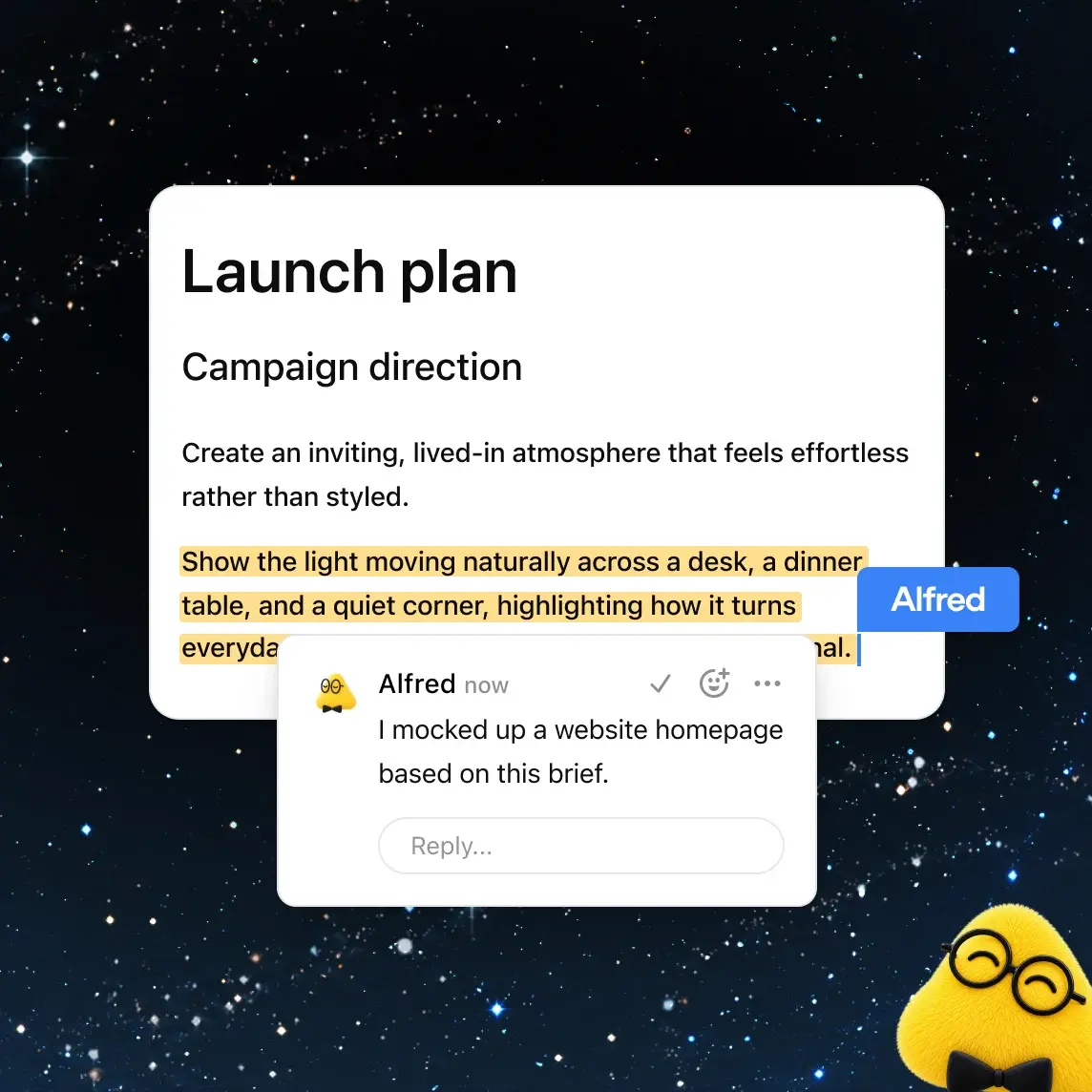Ein ChatGPT Dot kommentiert in einer Space-Page einen Launch-Plan und hat einen Startseiten-Entwurf erstellt