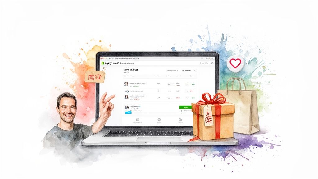 A smiling man pointing to a Shopify dashboard with a free gift box and shopping bag, surrounded by watercolor splashes.