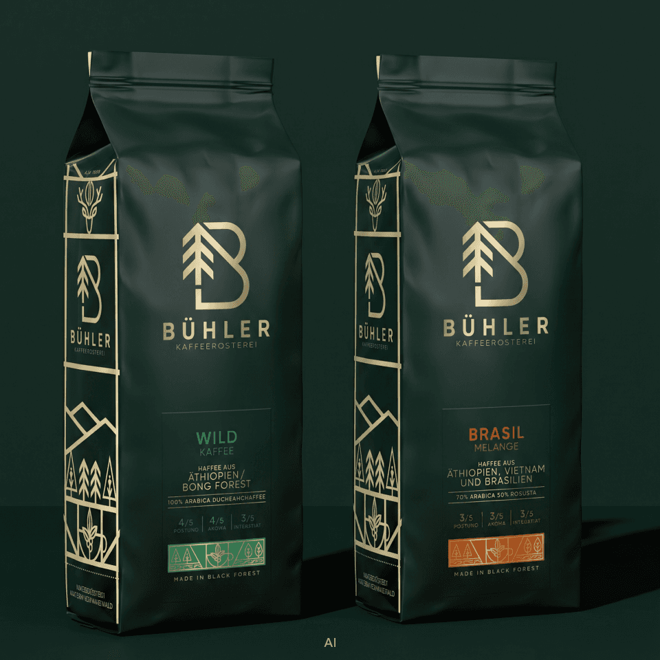 Bühler Caffè detailed view – single coffee bag with golden wordmark