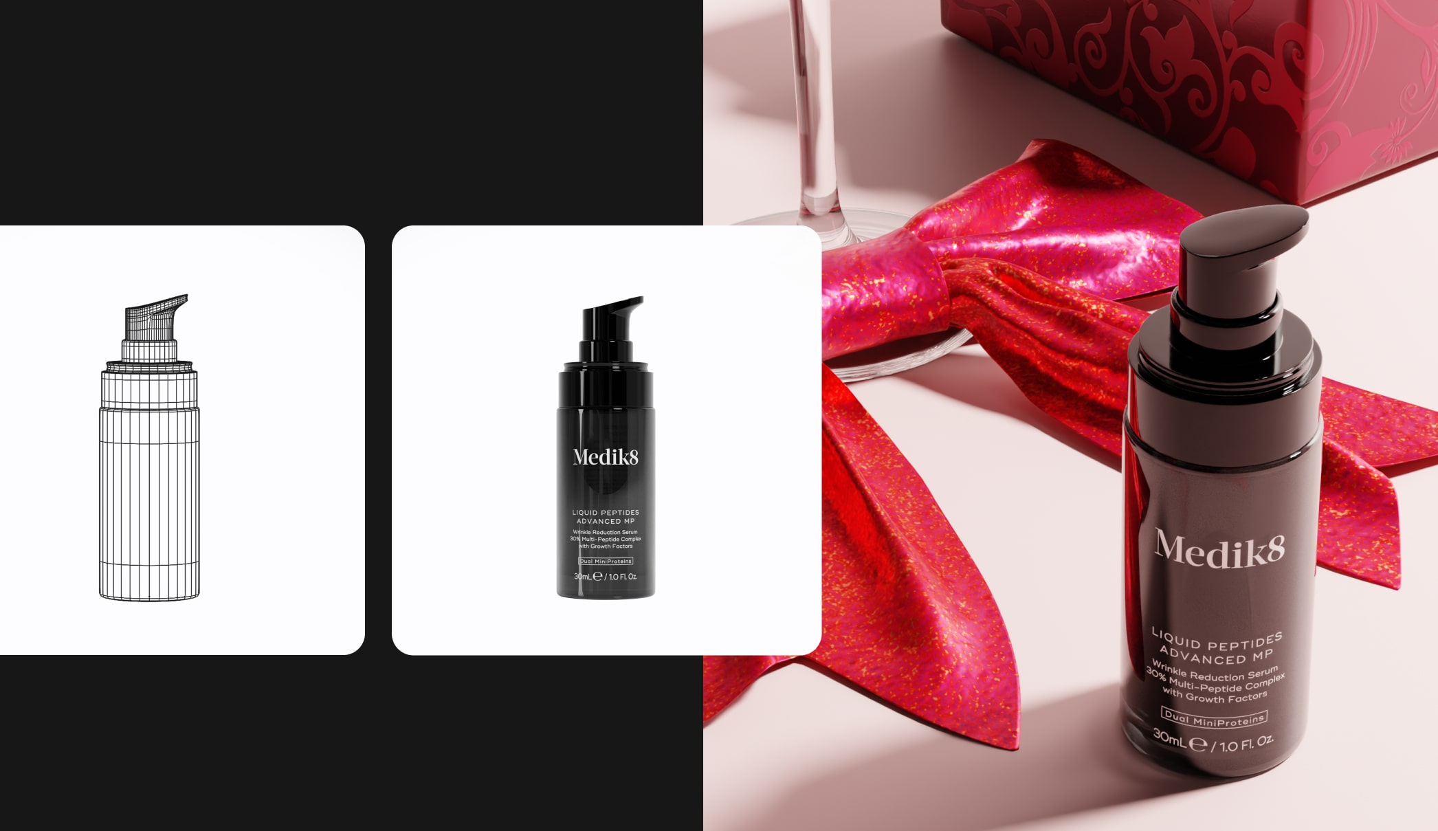Digital Twin, white background packshot, Valentine's day creative visual. Medik8 peptide product.