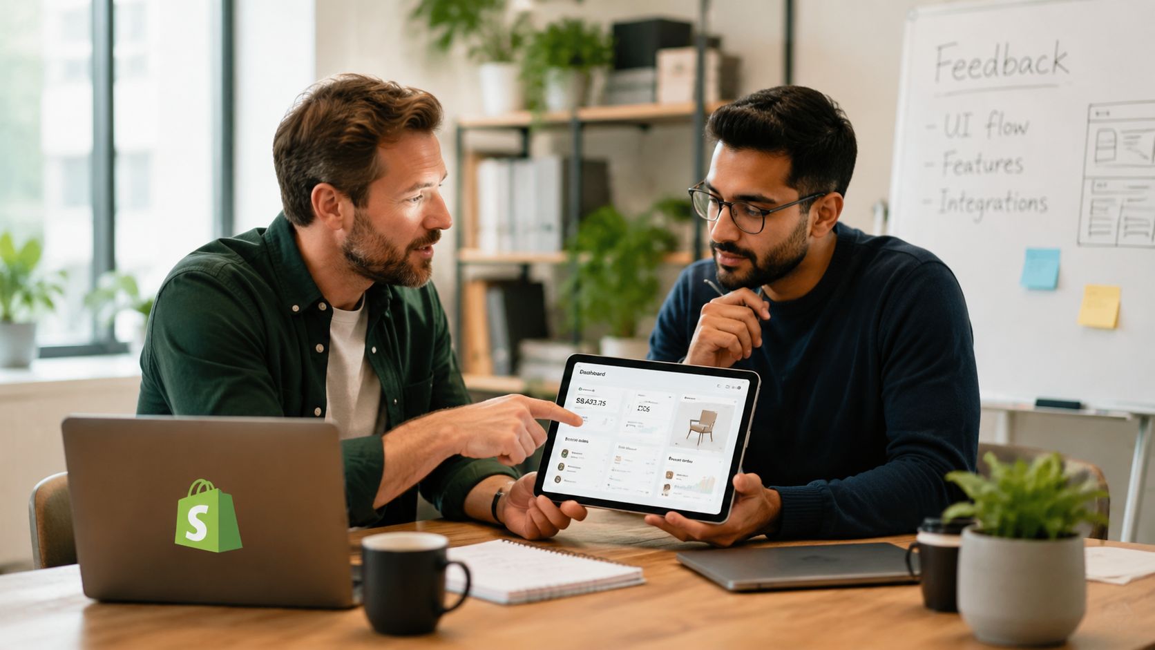 Two professional colleagues discussing Shopify business data on a tablet during a collaborative work meeting.