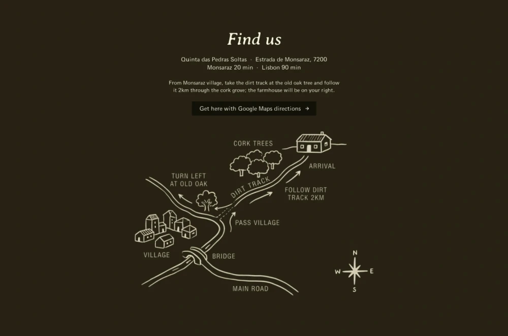 A hand-drawn map of the Alentejo region directing visitors to the farmhouse.