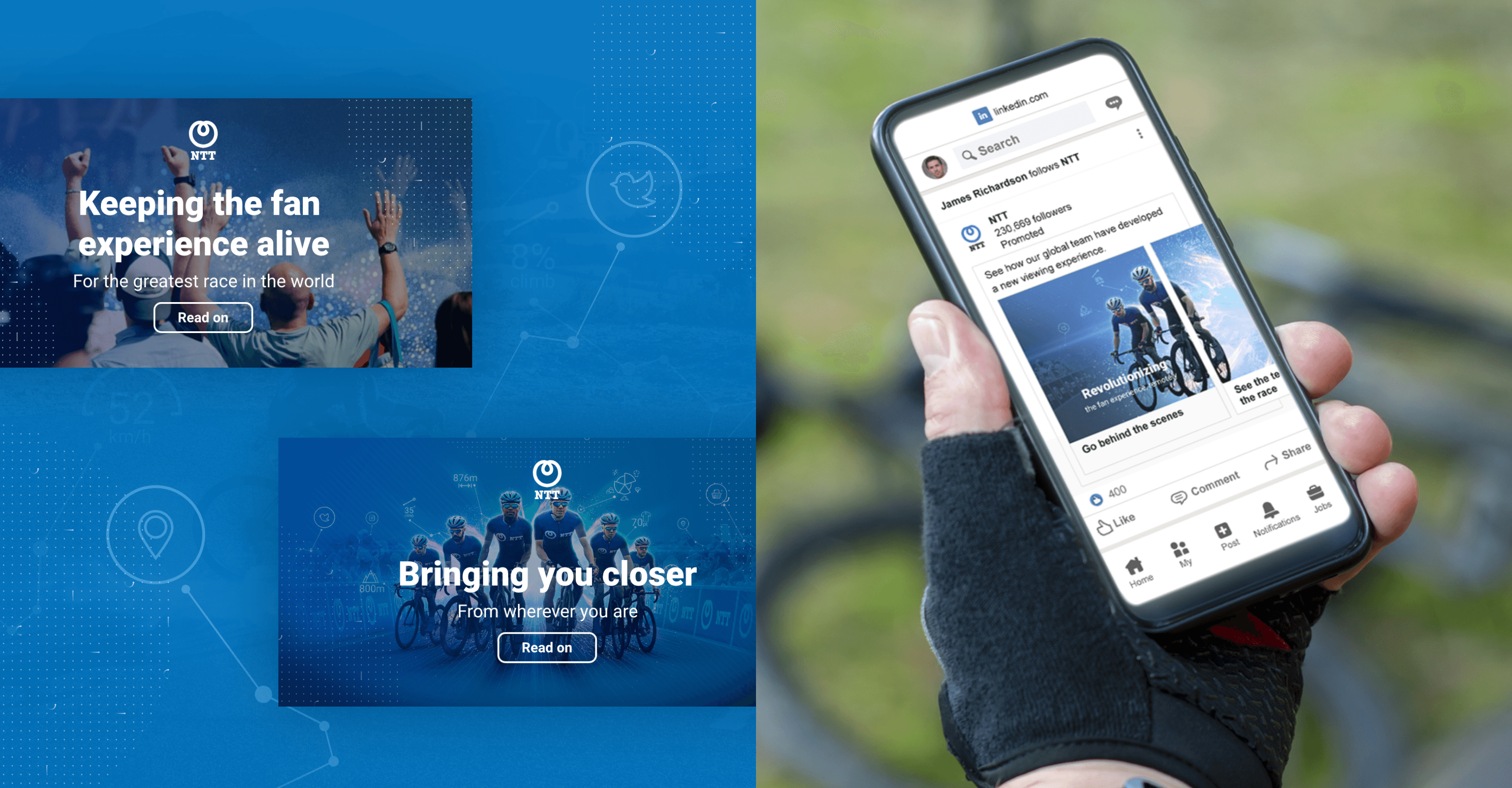 A split-screen visual showing NTT’s Tour de France campaign creatives on the left and a close-up of a mobile LinkedIn ad for the campaign on the right, with the theme of connecting fans to the race.