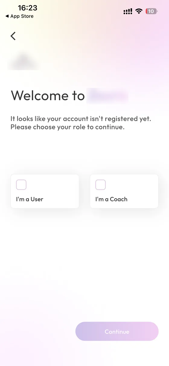 Sign-up screen where each new account chooses user or coach
