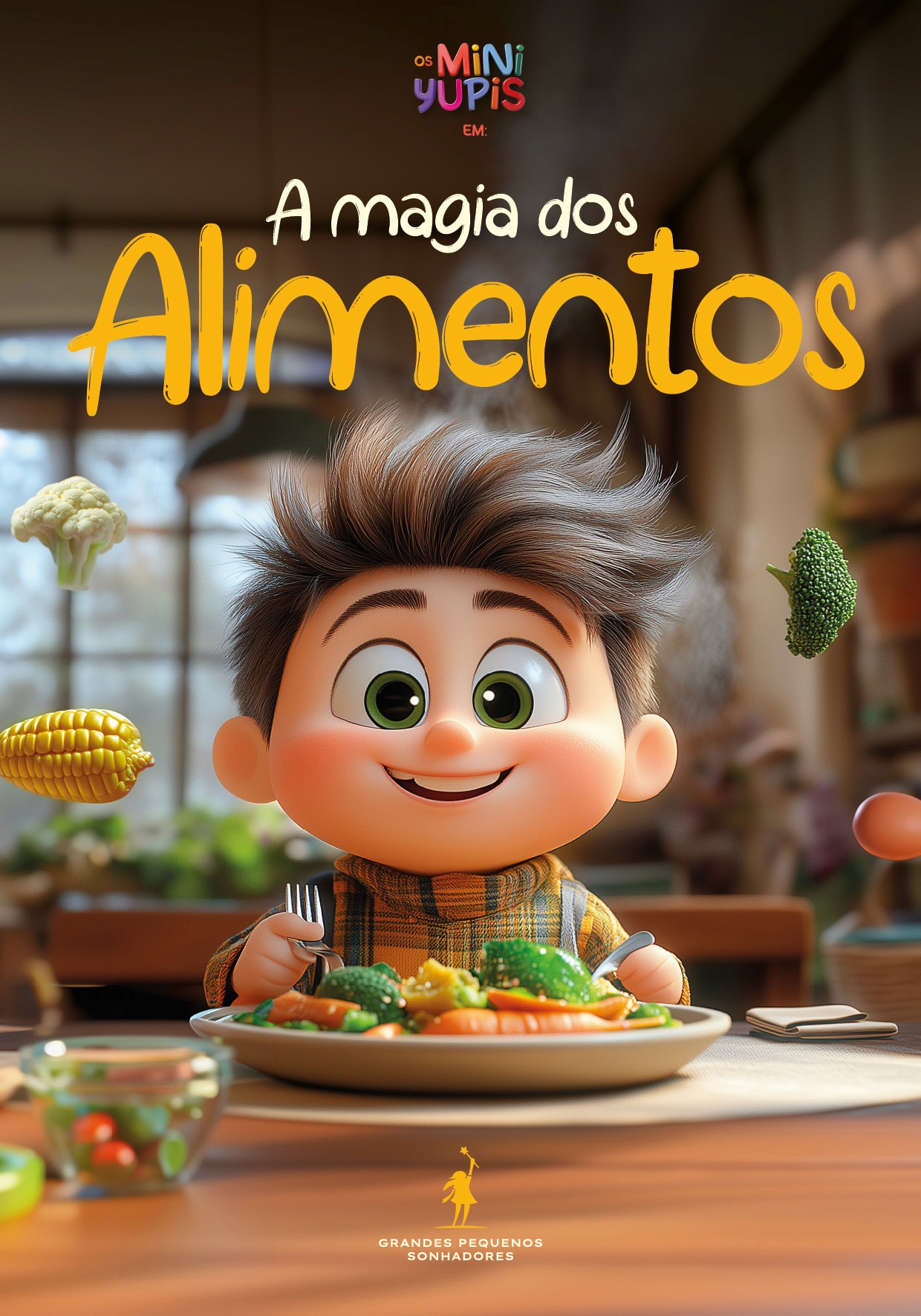 Ilustração de um menino animado em frente a um prato de legumes e vegetais frescos em uma cozinha iluminada. O título diz: 'A Magia dos Alimentos'.