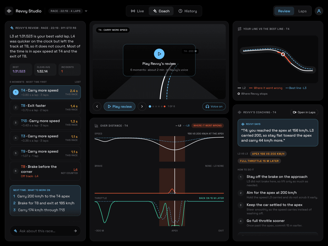 Studio wireframe, Coach on an iPad: Revvy’s review, moments, a drawn replay, traces and coaching, in grey panels