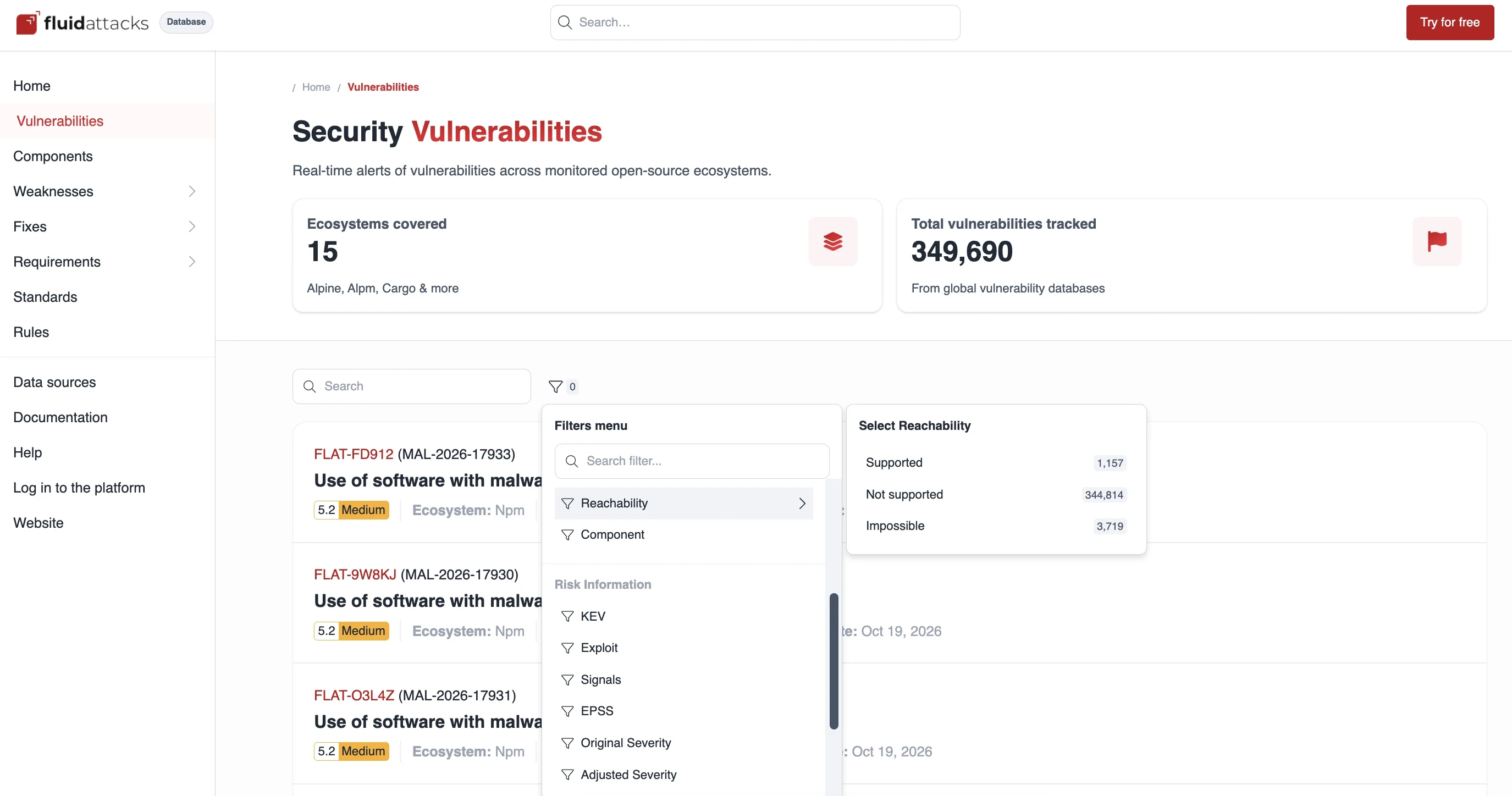 Contagens do filtro Reachability no banco de vulnerabilidades da Fluid Attacks	Contagens do filtro Reachability no banco de vulnerabilidades da Fluid Attacks	Contagens do filtro Reachability no banco de vulnerabilidades da Fluid Attacks	Contagens do filtro Reachability no banco de vulnerabilidades da Fluid Attacks