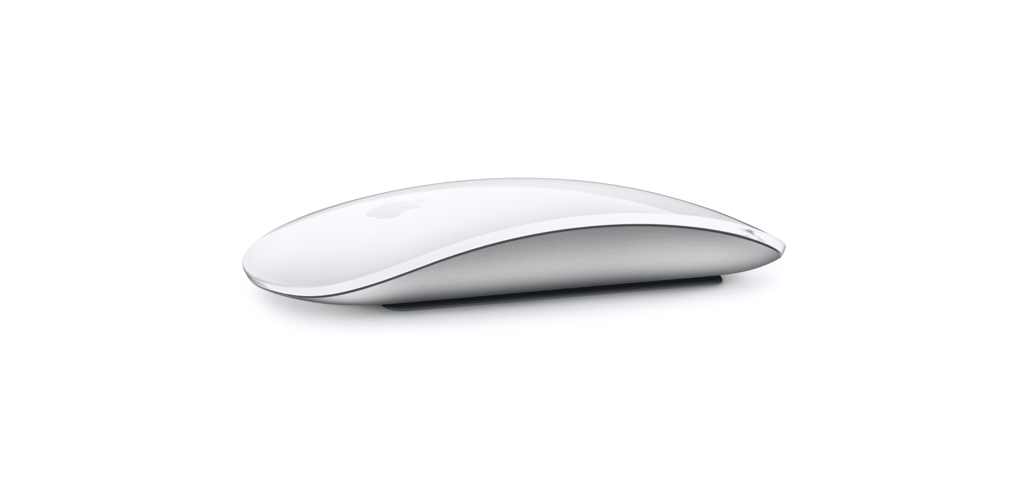 Apple Magic Mouse in white with a sleek, low-profile design and aluminum base on a plain white background.
