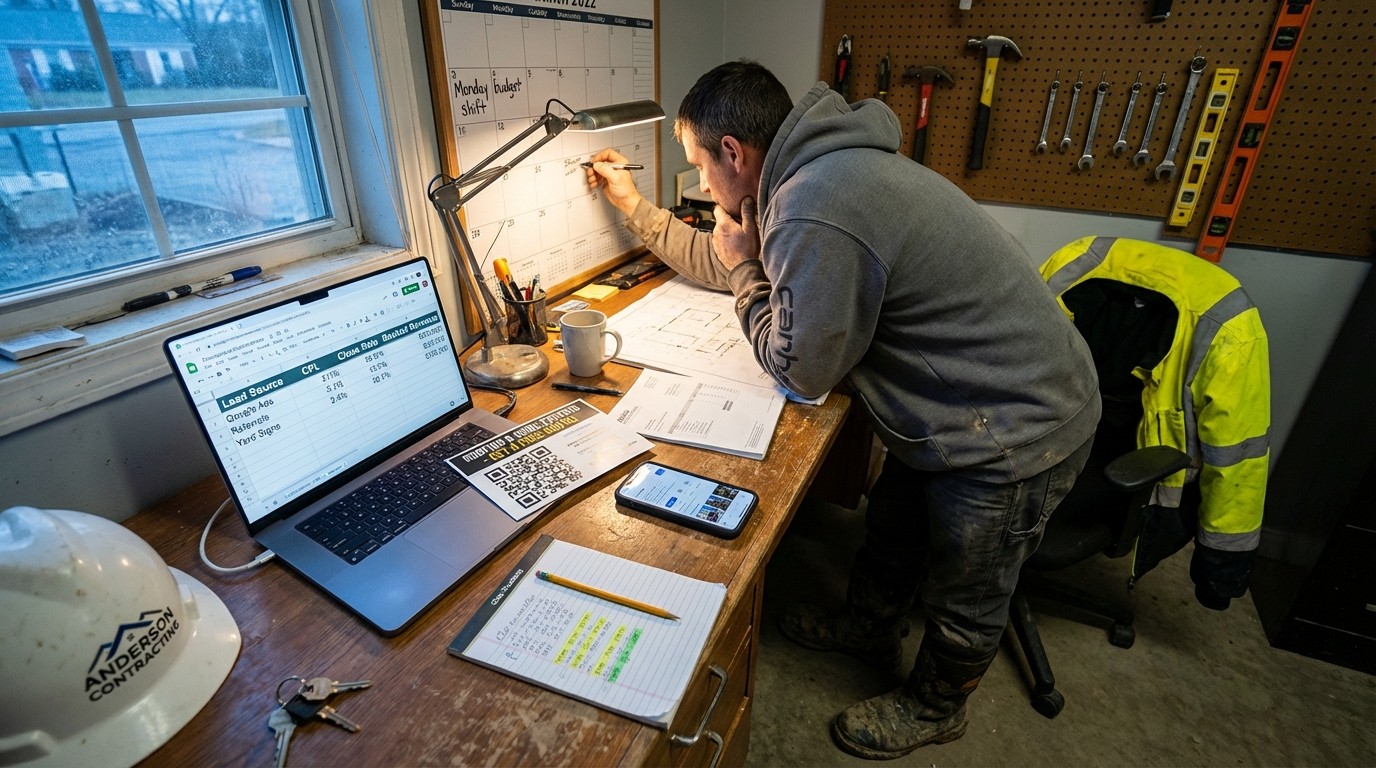 Contractor marketing strategy dashboard showing cost per lead and ROI metrics