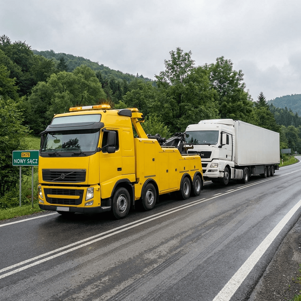 dźwig HDS Mago Car podczas holowania TIR-a po kolizji