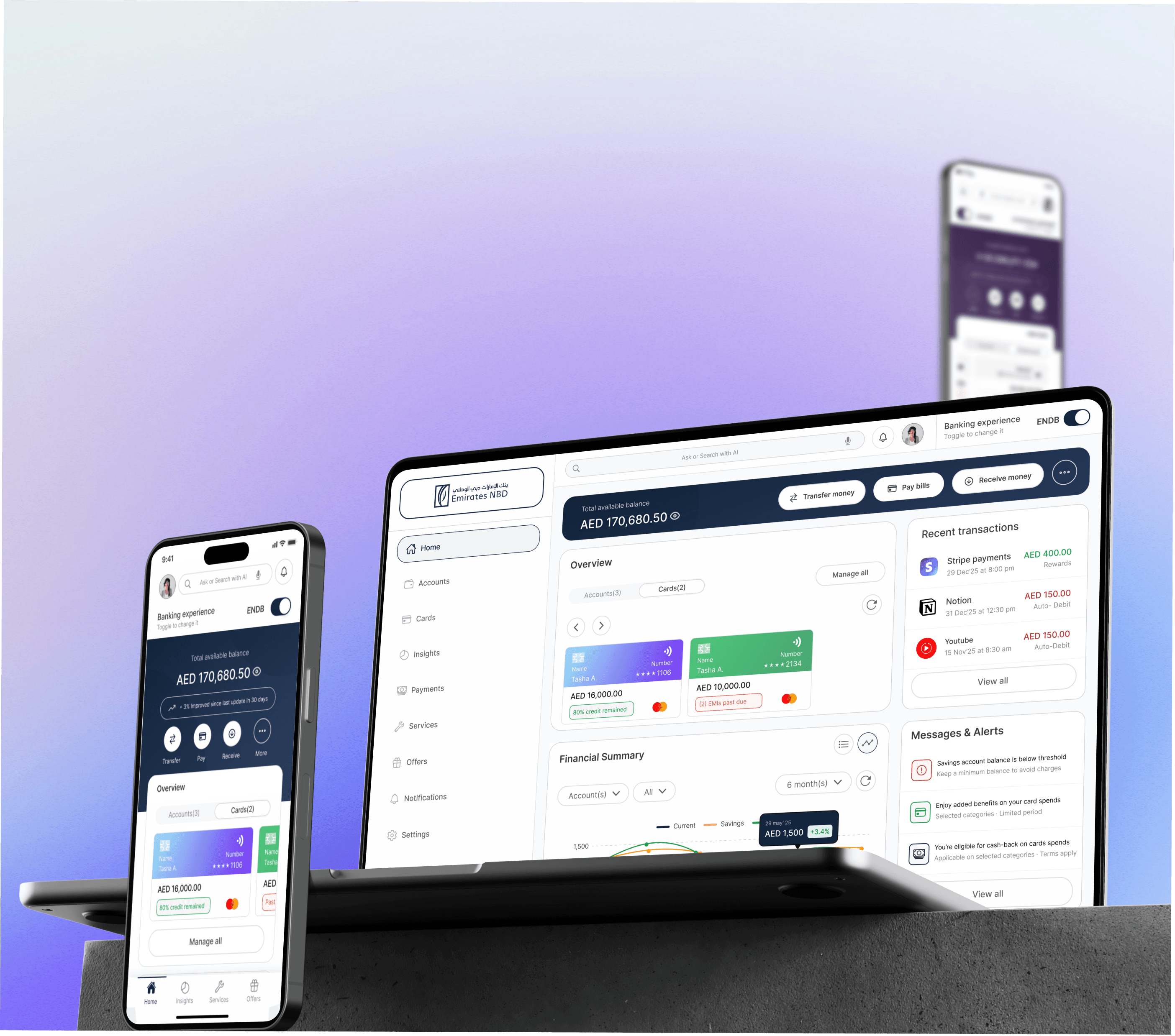 Laptop and smartphone mockups floating on a bright orange background.