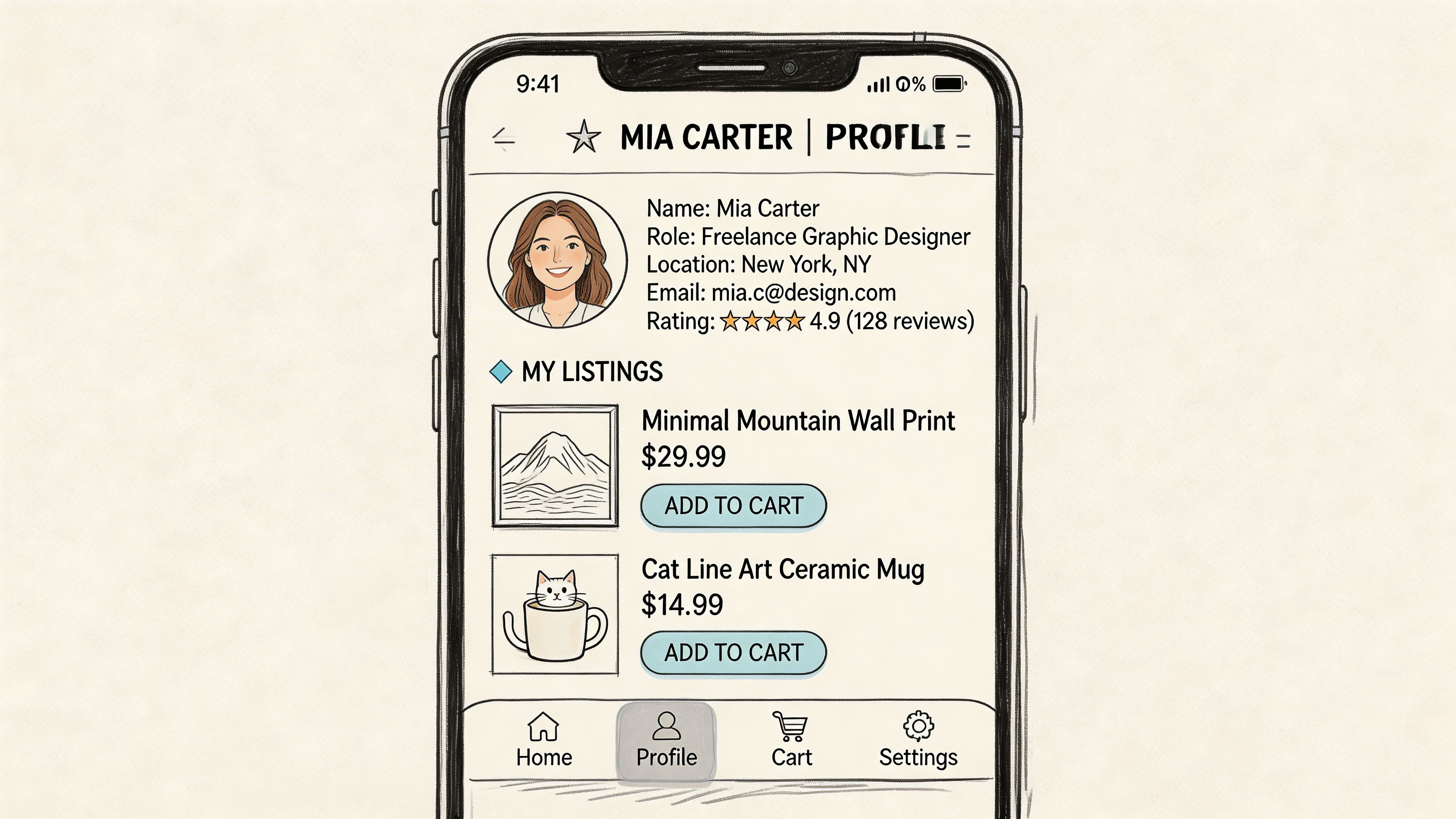 A hand-drawn smartphone interface mockup displaying the profile page of a graphic designer named Mia Carter.