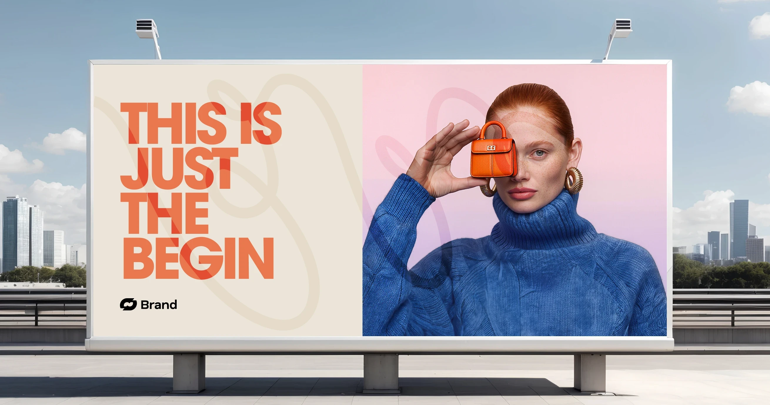 Model in blue sweater holding small orange bag on billboard with city backdrop.