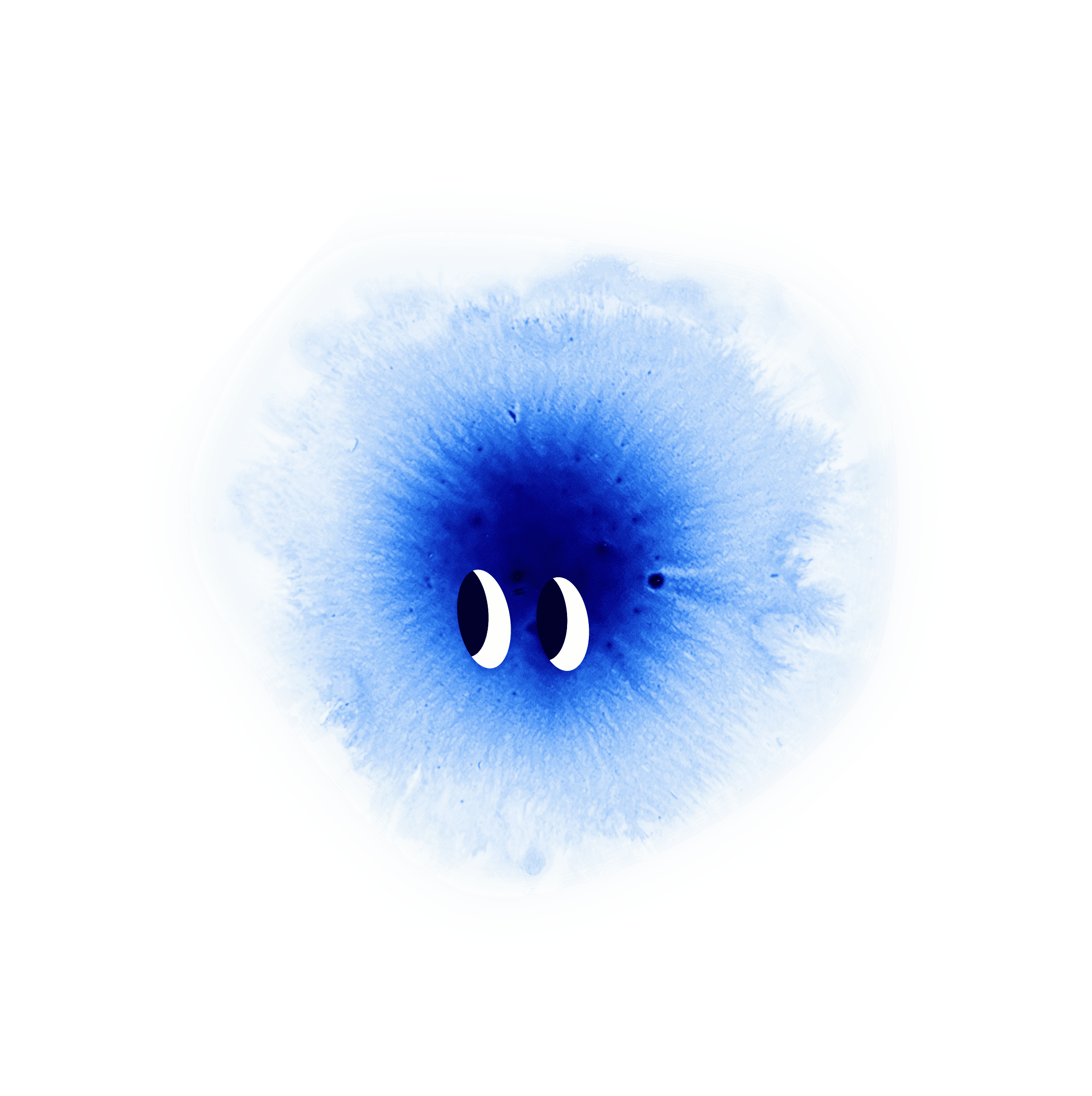 A circular blue ink splash shape with a blue center and two small white curves, resembling eyes.