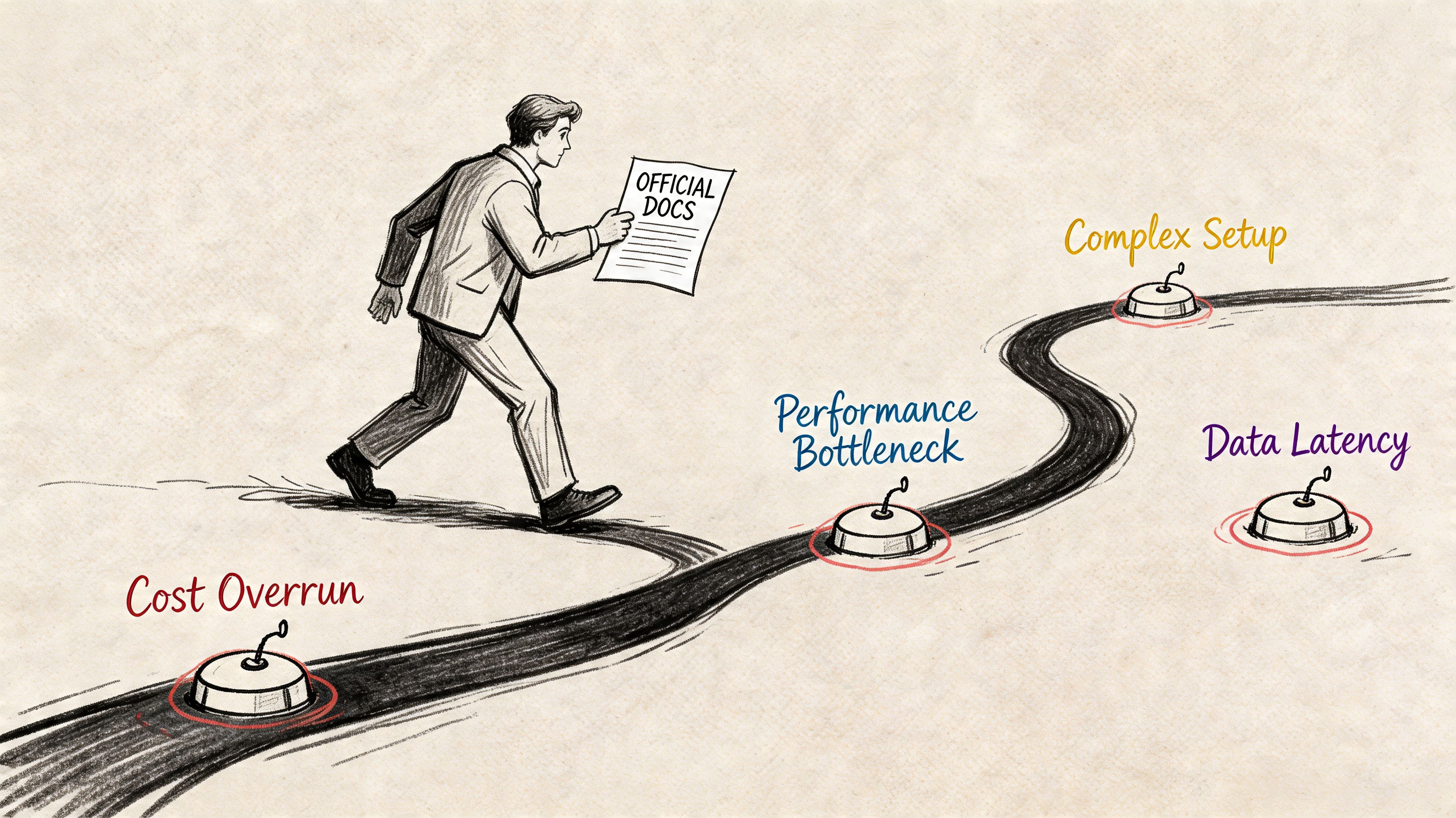 A professional walking on a path lined with landmines labeled with common business and technology obstacles.