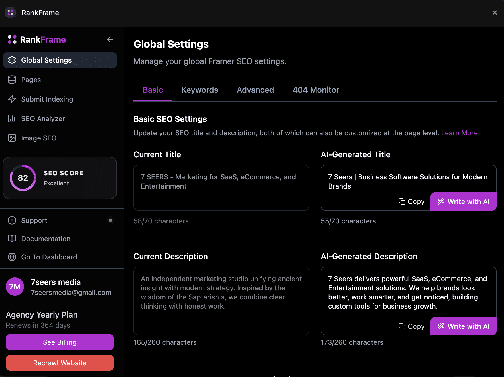 Current title and AI generated title fields in RankFrame