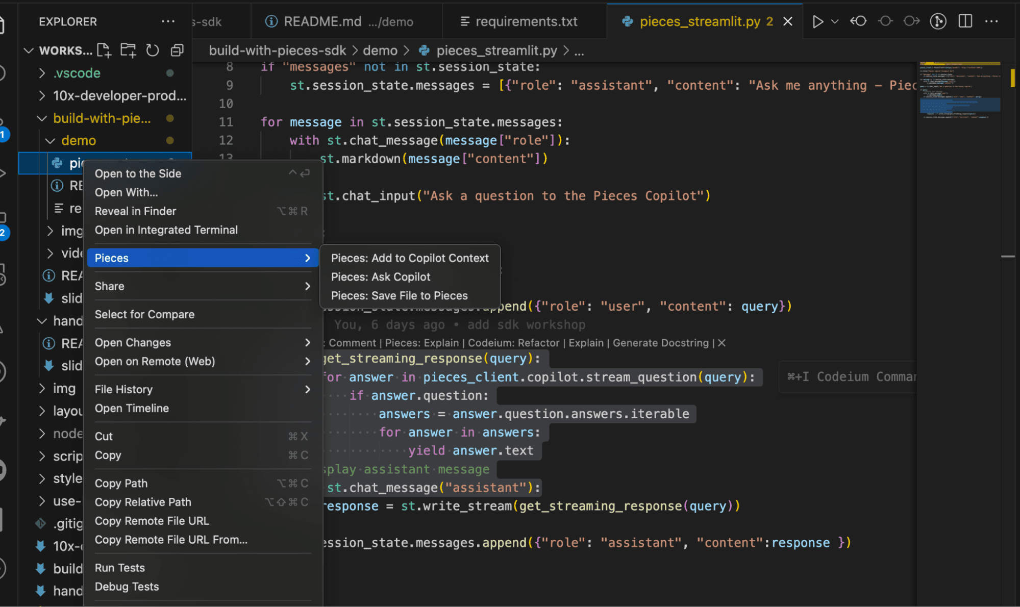 Grouped actions in Pieces for VS Code.